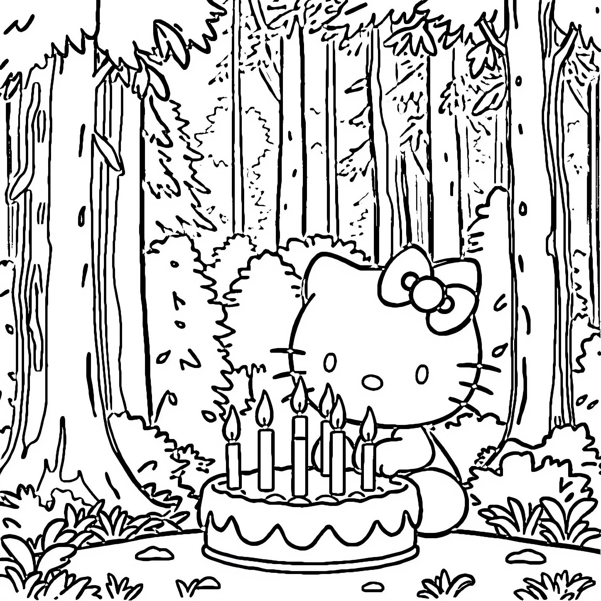 Hello Kitty celebrating with a birthday cake in the forest Coloring Page (free black-and-white line drawing printable PDF for all, from beginners to advanced learners, including children, teens, adults, and seniors)