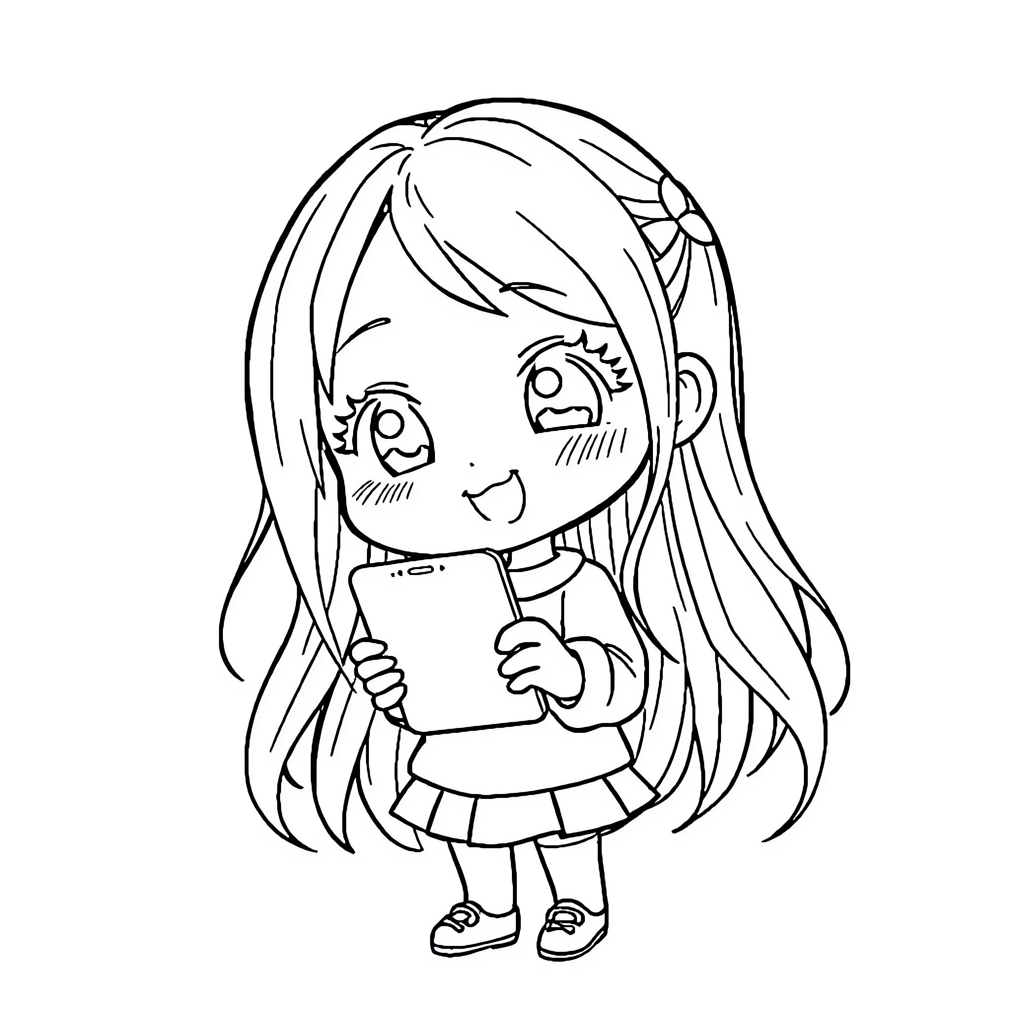 Chibi Girl Playing with Phone Happily Coloring Page (free black-and-white line drawing printable PDF for all, from beginners to advanced learners, including children, teens, adults, and seniors)
