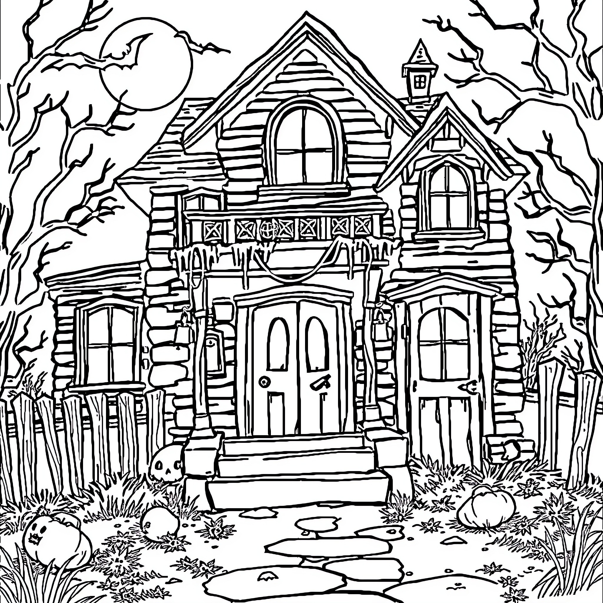 Ghost House in the Dark Forest Coloring Page (free black-and-white line drawing printable PDF for all, from beginners to advanced learners, including children, teens, adults, and seniors)