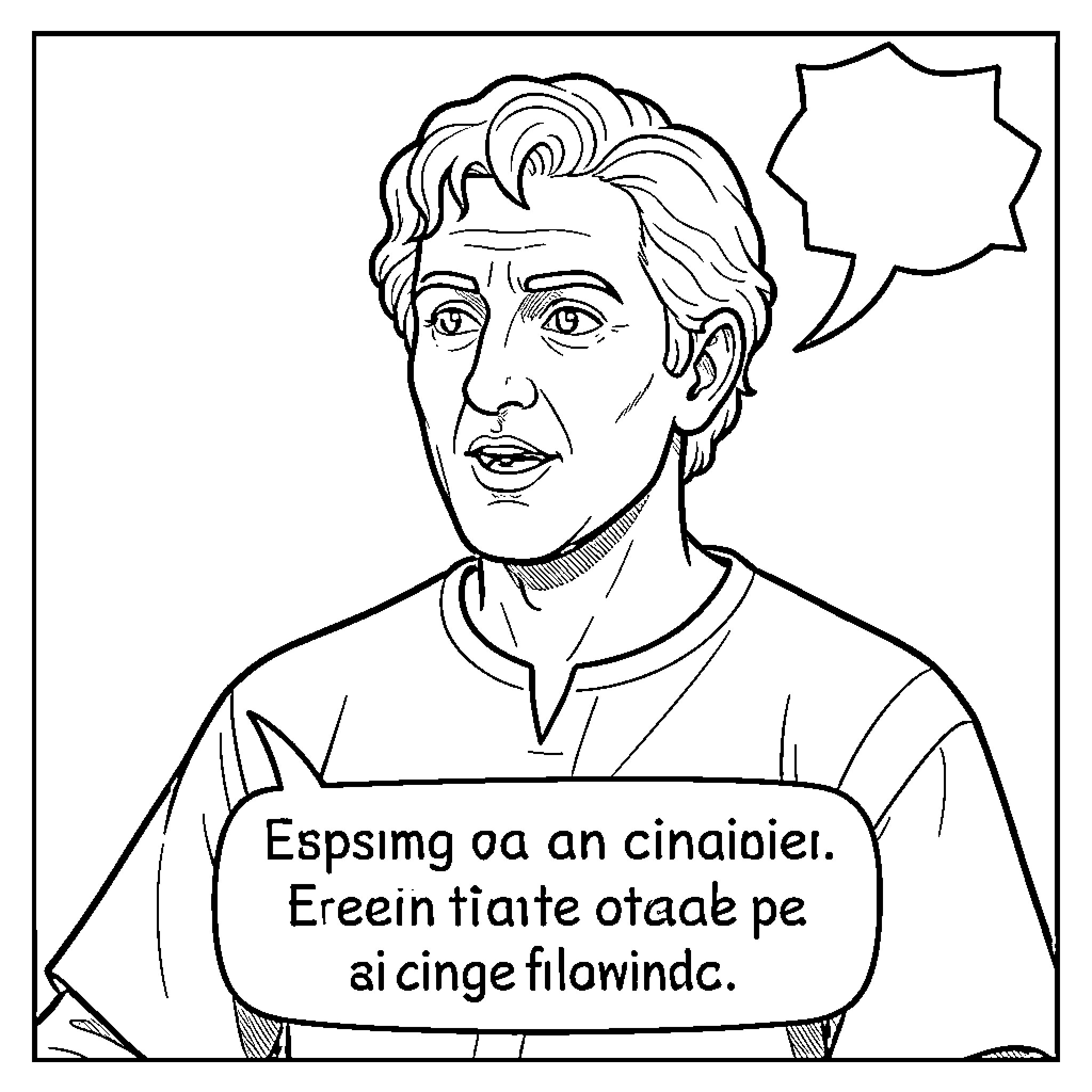 Latin man speaking with an expressive facial expression Coloring Page (free black-and-white line drawing printable PDF for all, from beginners to advanced learners, including children, teens, adults, and seniors)