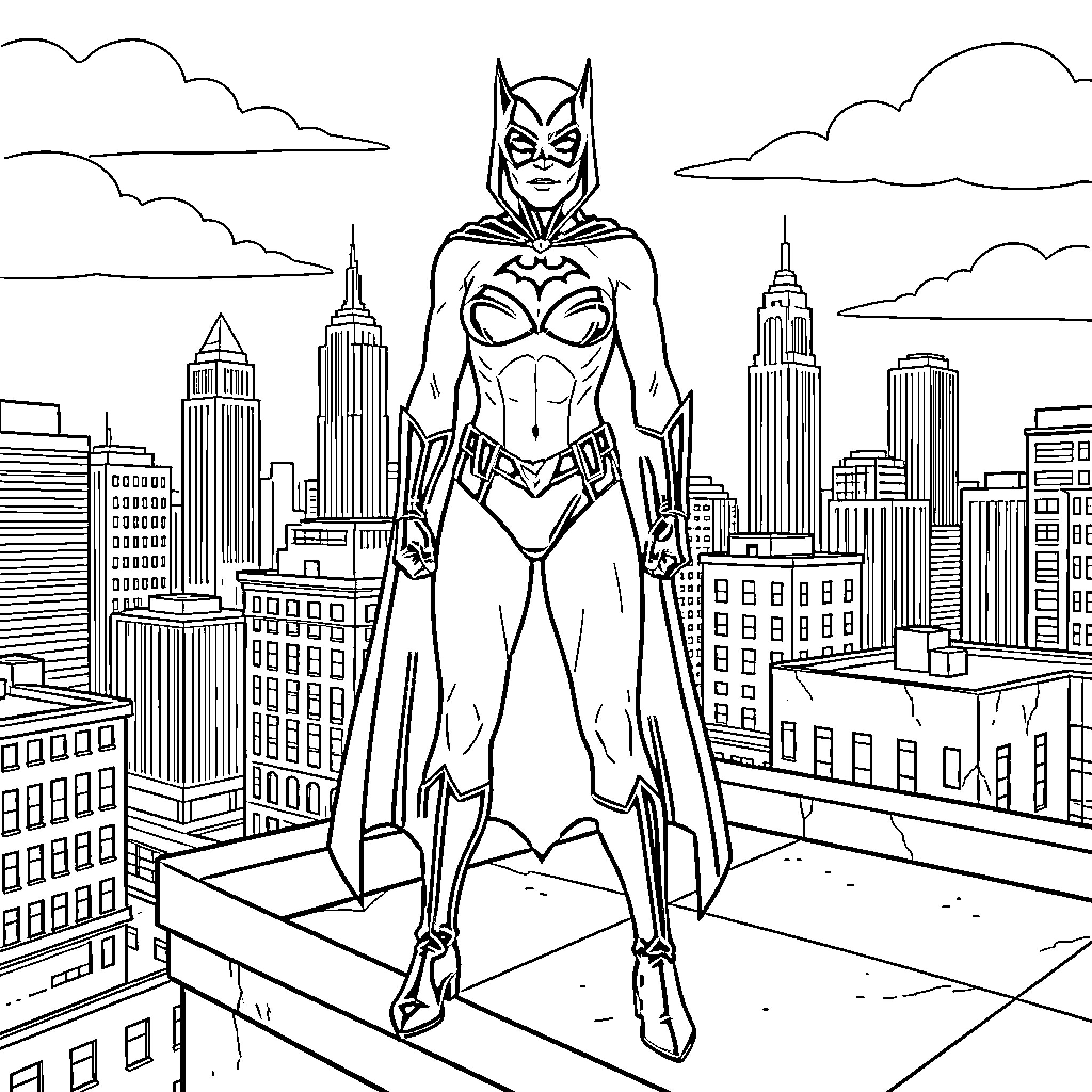 Batwoman in heroic pose overlooking city skyline Coloring Page (free black-and-white line drawing printable PDF for all, from beginners to advanced learners, including children, teens, adults, and seniors)