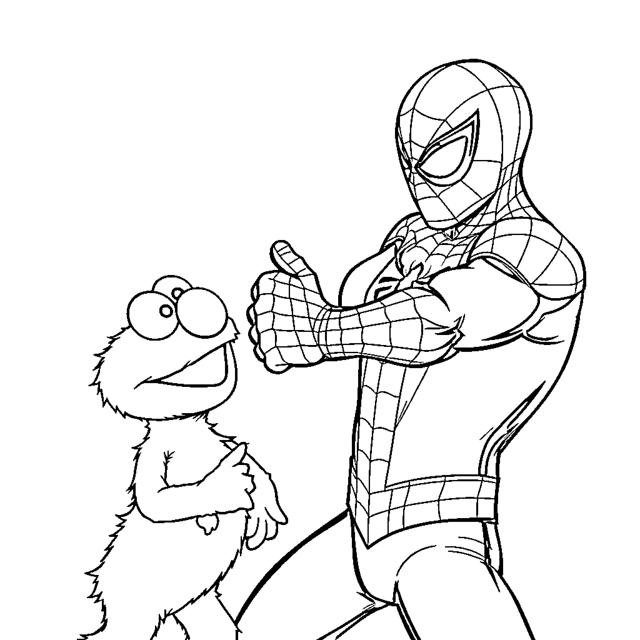 Spider-Man helping fuzzy friend in black and white Coloring Page (free black-and-white line drawing printable PDF for all, from beginners to advanced learners, including children, teens, adults, and seniors)