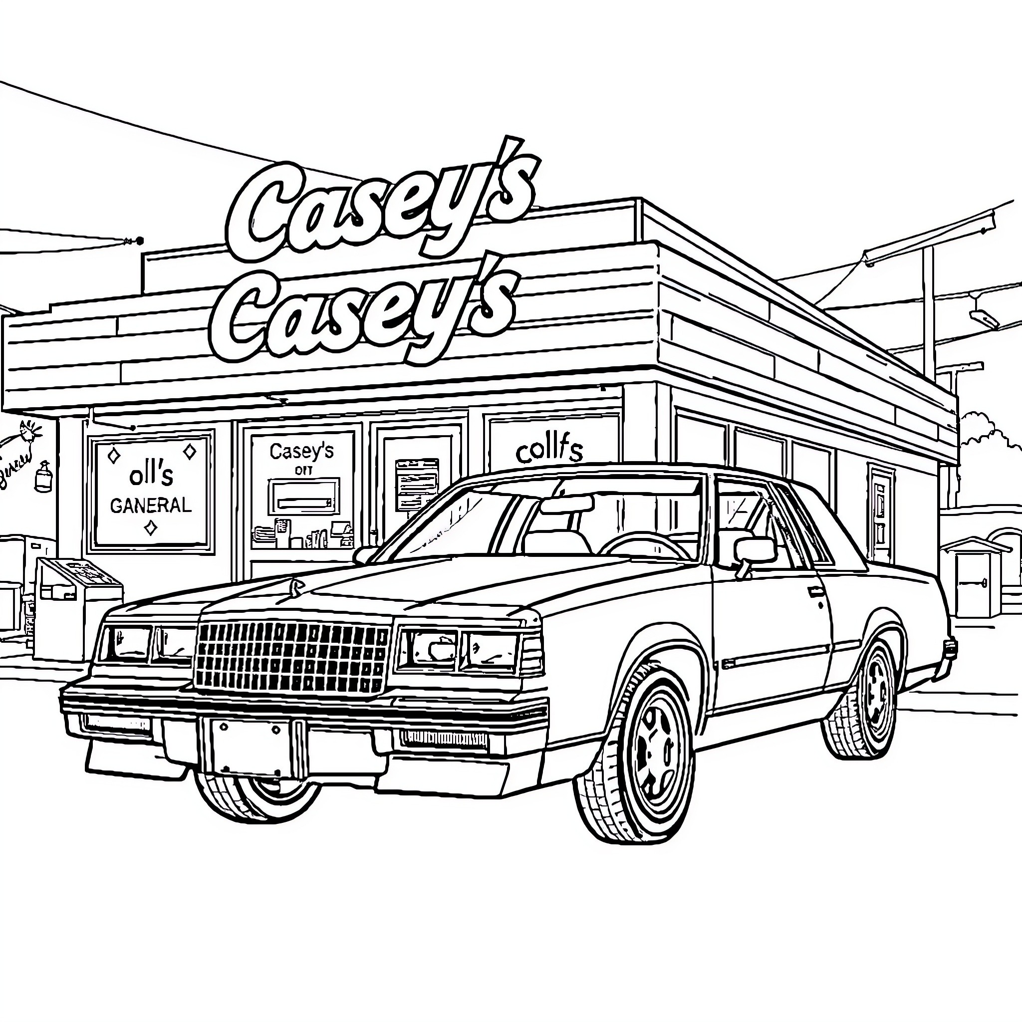 Cutlass Convenience Store with Classic Car Coloring Page (free black-and-white line drawing printable PDF for all, from beginners to advanced learners, including children, teens, adults, and seniors)