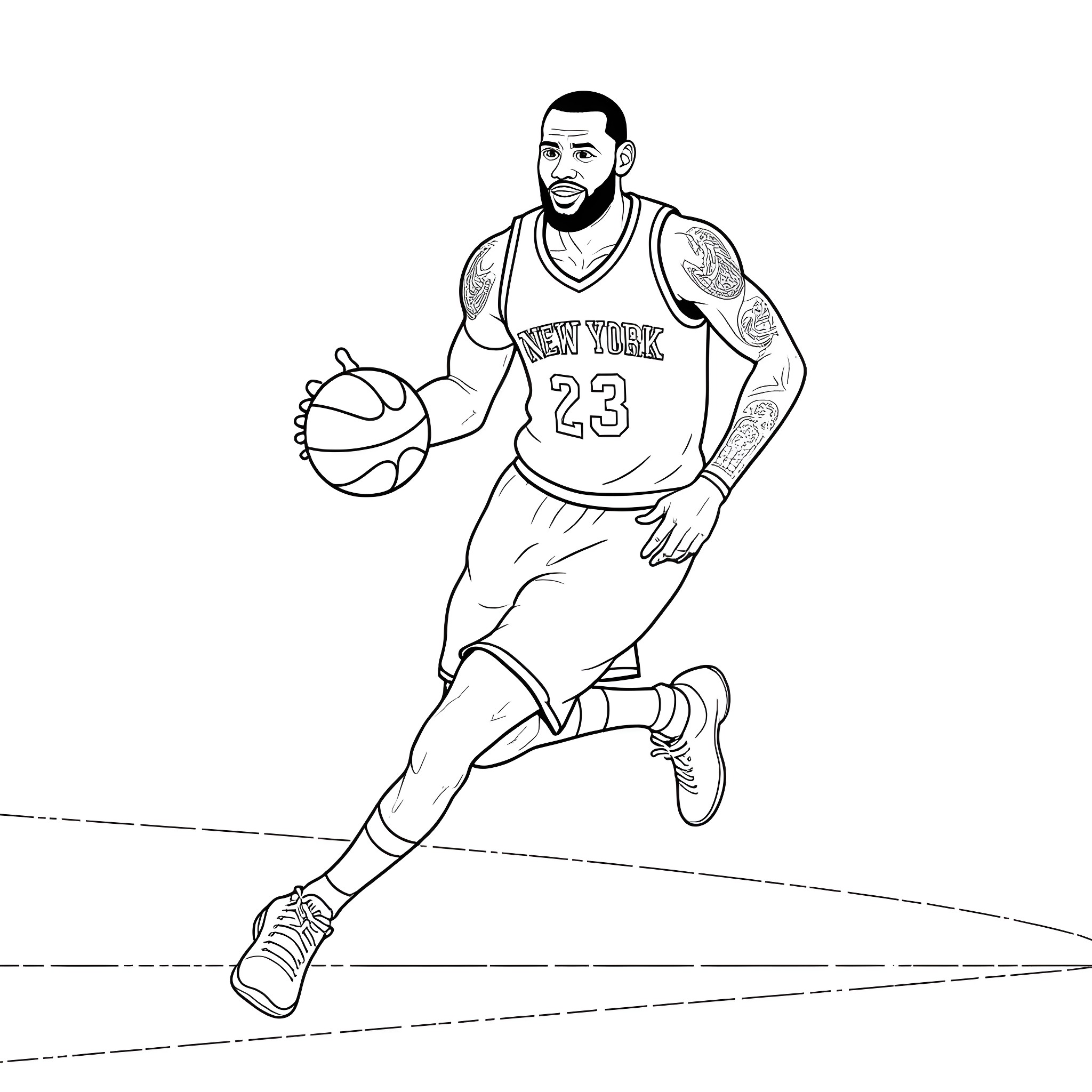 LeBron James Dribbling Basketball on the Court Coloring Page (free black-and-white line drawing printable PDF for all, from beginners to advanced learners, including children, teens, adults, and seniors)