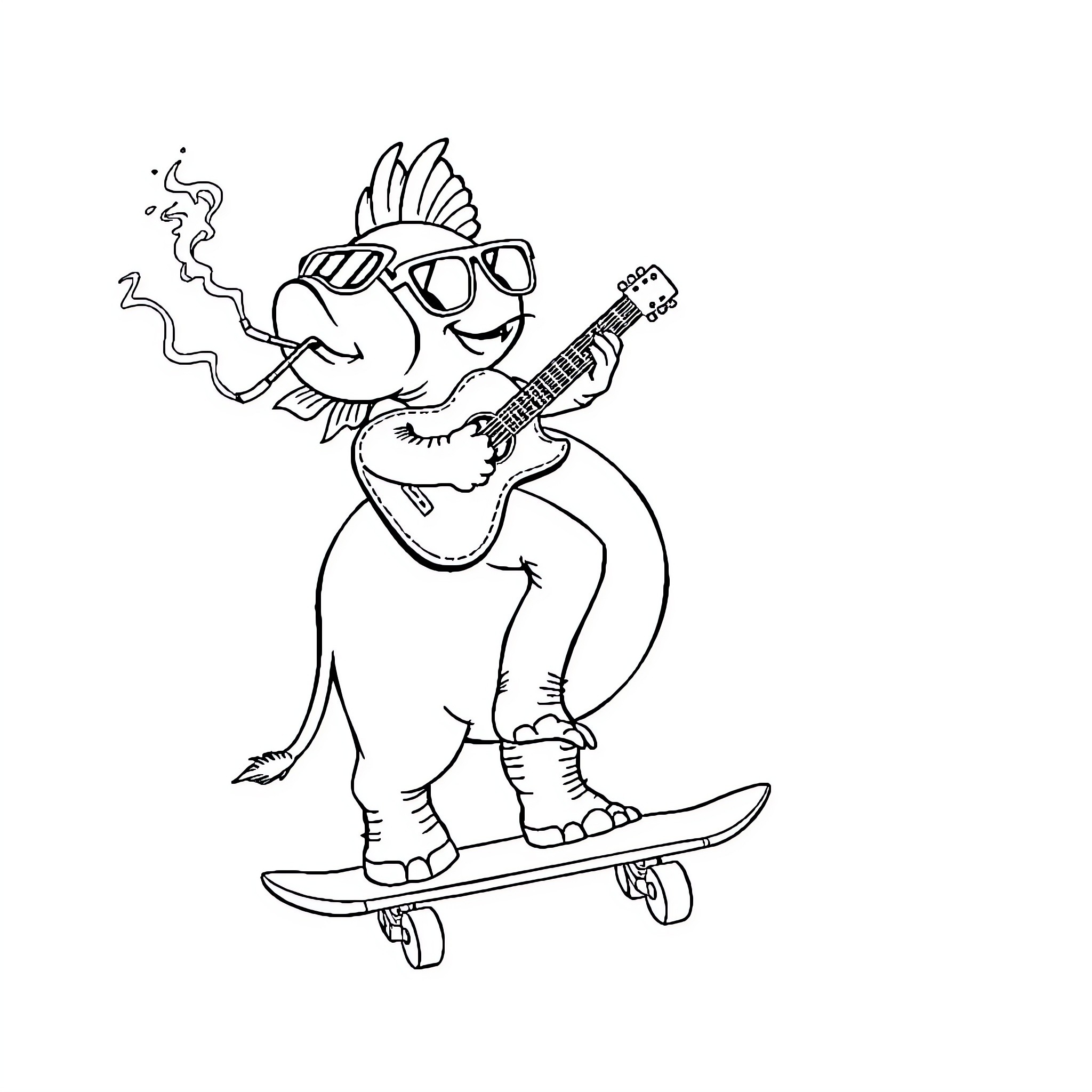 Fish playing guitar on a skateboard Coloring Page (free black-and-white line drawing printable PDF for all, from beginners to advanced learners, including children, teens, adults, and seniors)