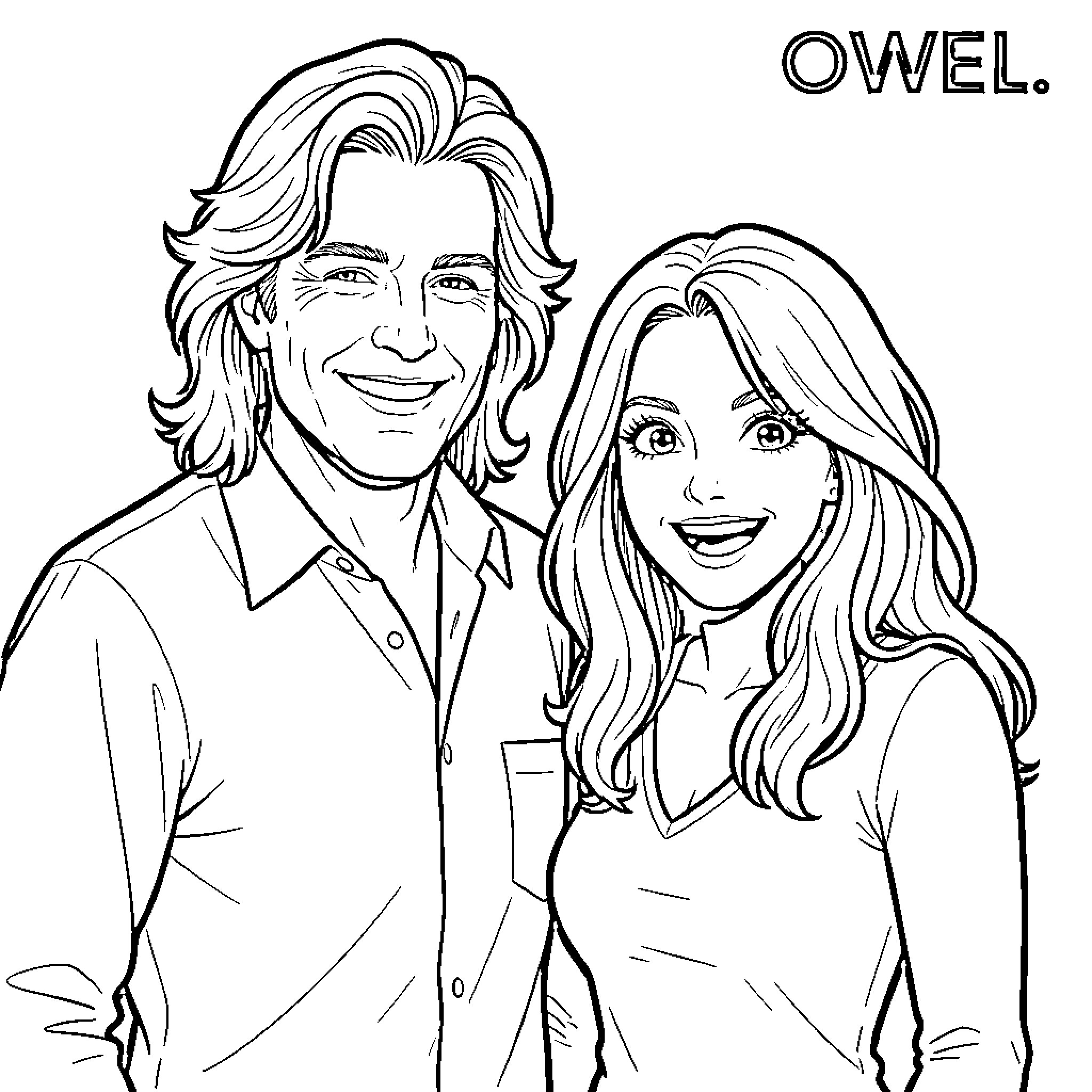 David Coverdale and his female companion posing happily together Coloring Page (free black-and-white line drawing printable PDF for all, from beginners to advanced learners, including children, teens, adults, and seniors)