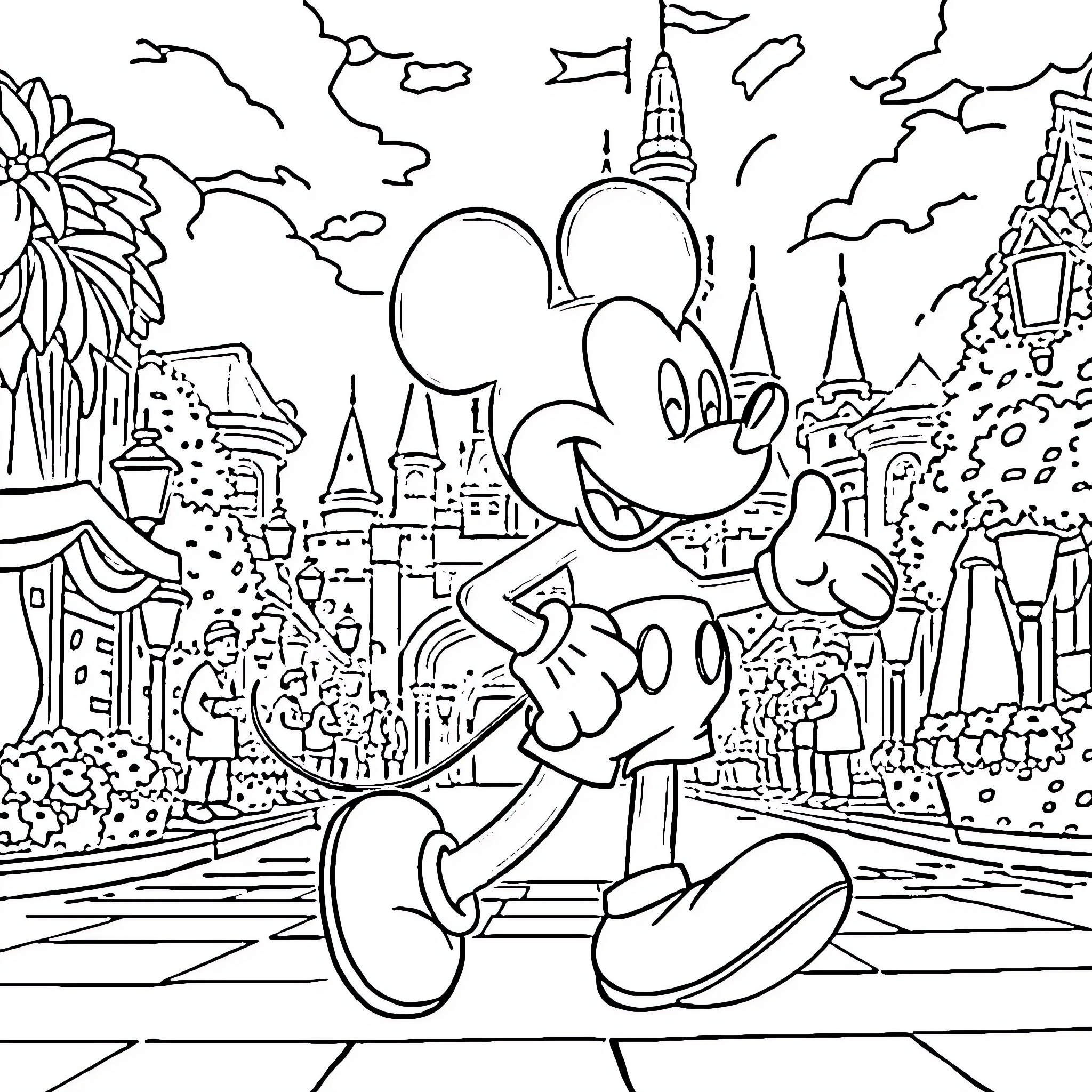 Mickey exploring the magical Disney world Coloring Page (free black-and-white line drawing printable PDF for all, from beginners to advanced learners, including children, teens, adults, and seniors)