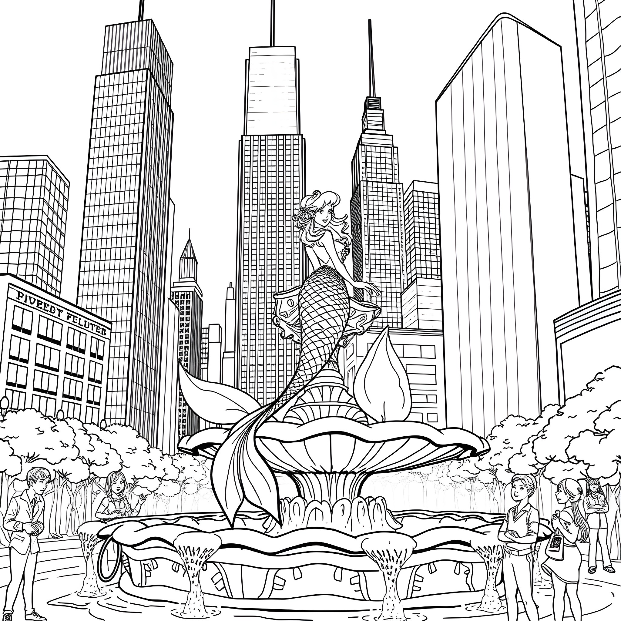 Mermaid Emerging in the City Skyline Coloring Page (free black-and-white line drawing printable PDF for all, from beginners to advanced learners, including children, teens, adults, and seniors)