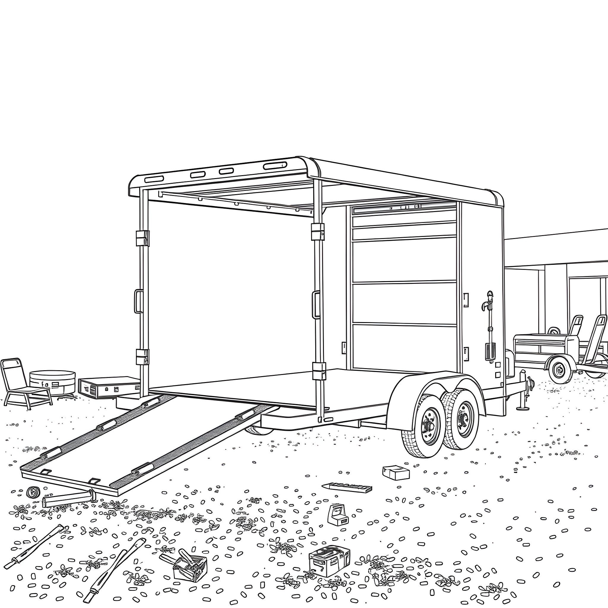 Car Trailer Loaded with Tools and Equipment Coloring Page (free black-and-white line drawing printable PDF for all, from beginners to advanced learners, including children, teens, adults, and seniors)