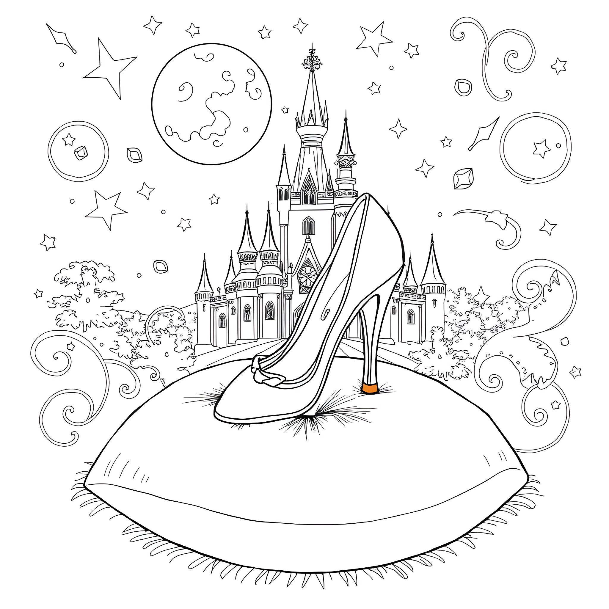 Cinderella's Magical Castle Adventure Coloring Page (free black-and-white line drawing printable PDF for all, from beginners to advanced learners, including children, teens, adults, and seniors)