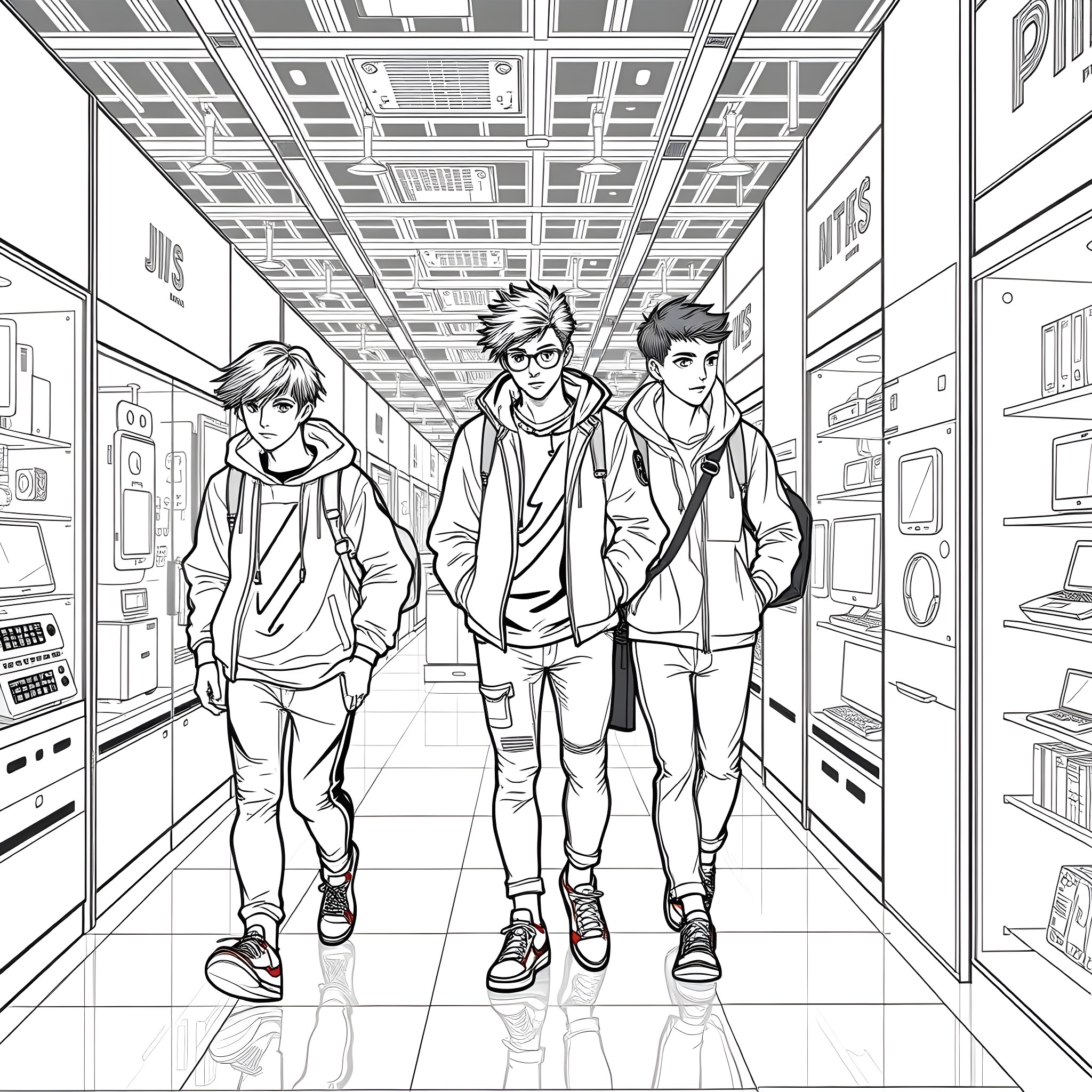 Teen Guys Walking Casually in School Hallway Coloring Page (free black-and-white line drawing printable PDF for all, from beginners to advanced learners, including children, teens, adults, and seniors)
