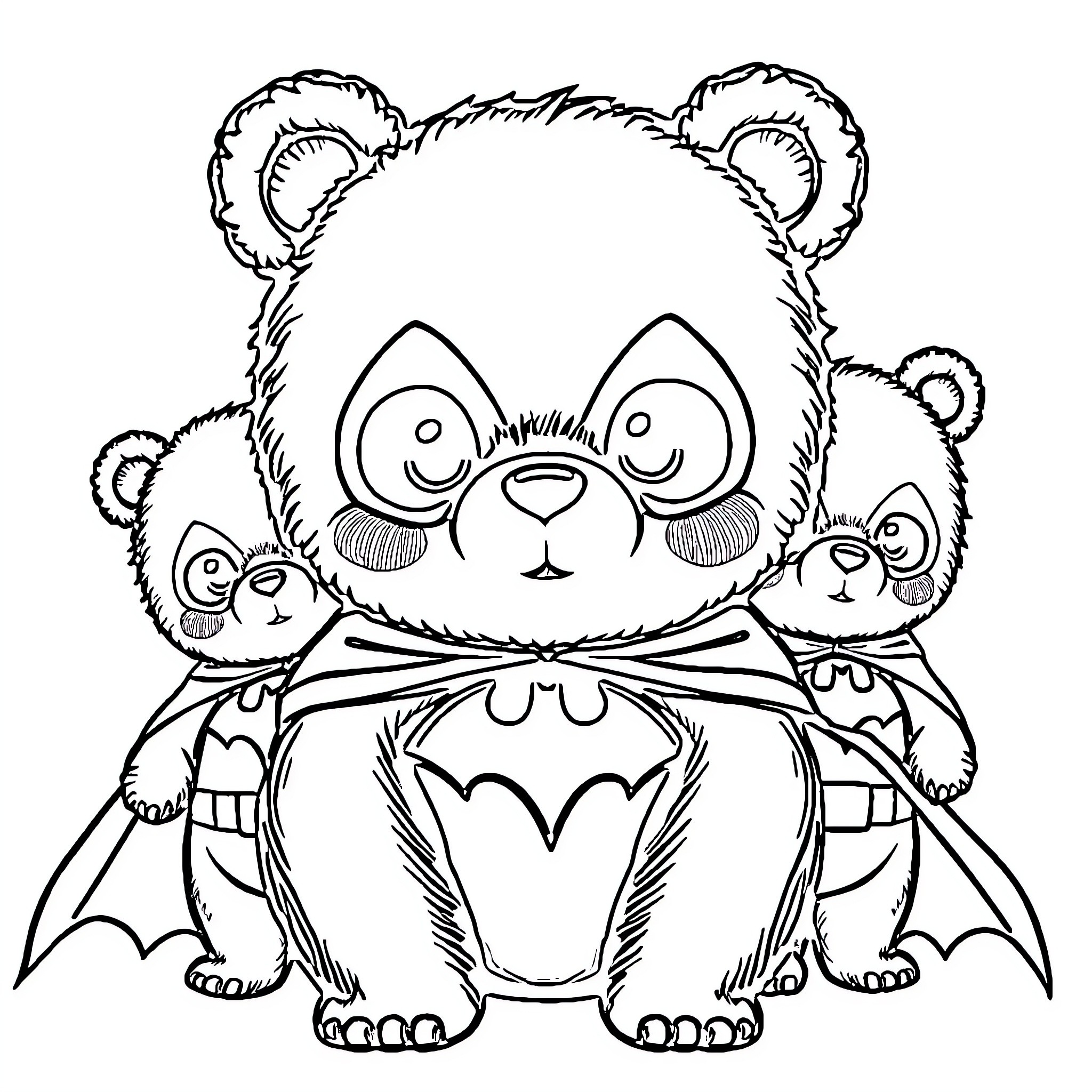 Bear cubs dressed as bats Coloring Page (free black-and-white line drawing printable PDF for all, from beginners to advanced learners, including children, teens, adults, and seniors)