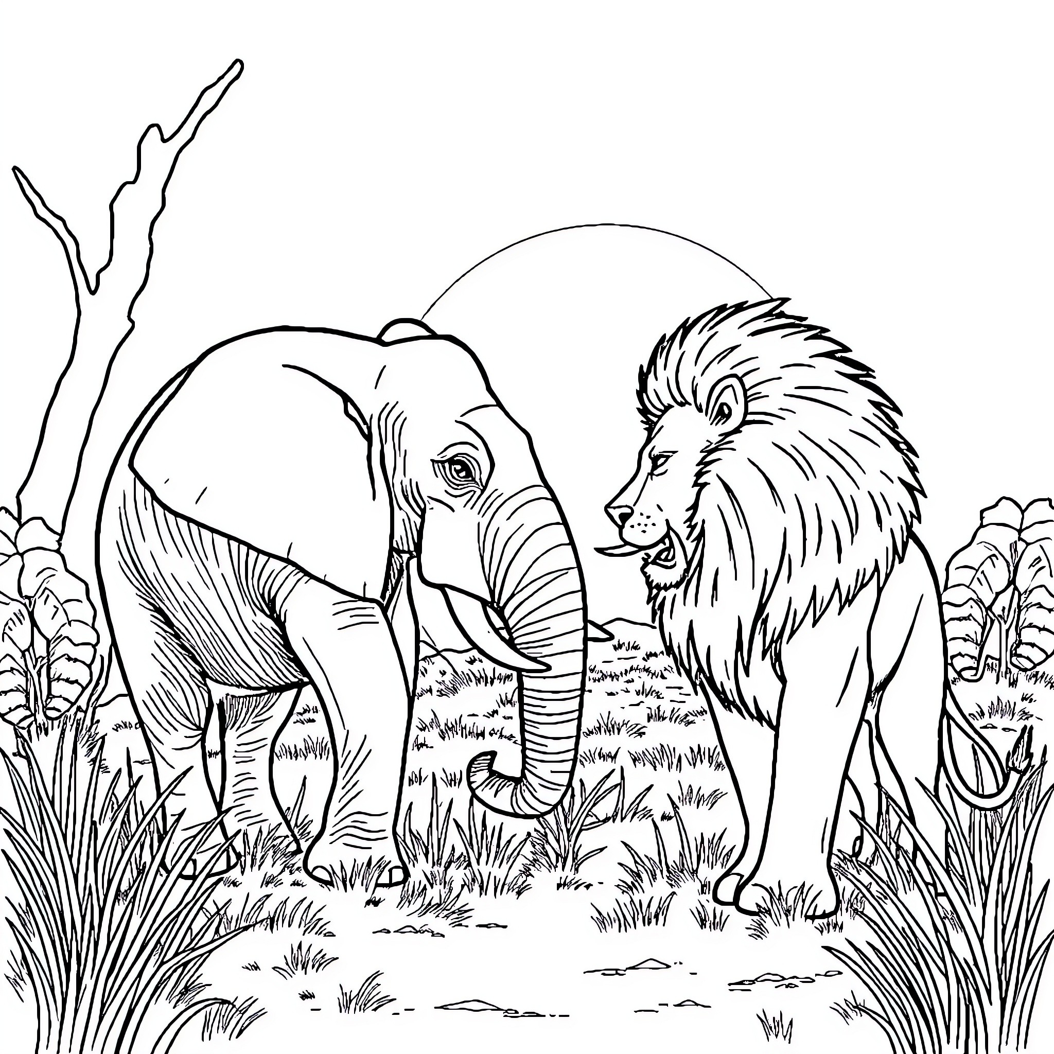Elephant vs Lion Confrontation in the Wild Coloring Page (free black-and-white line drawing printable PDF for all, from beginners to advanced learners, including children, teens, adults, and seniors)