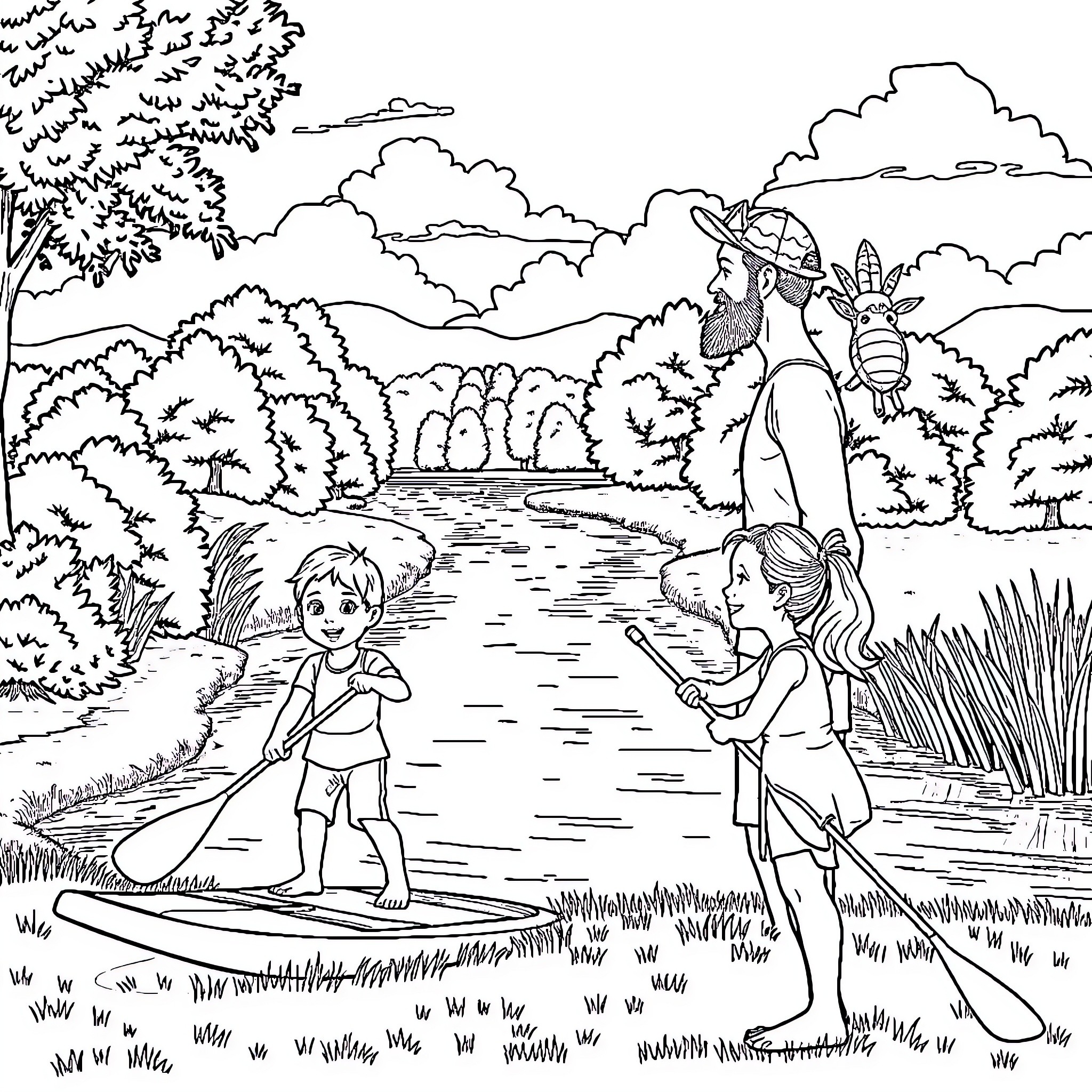 Family Enjoying Outdoor Adventure in Nature Coloring Page (free black-and-white line drawing printable PDF for all, from beginners to advanced learners, including children, teens, adults, and seniors)