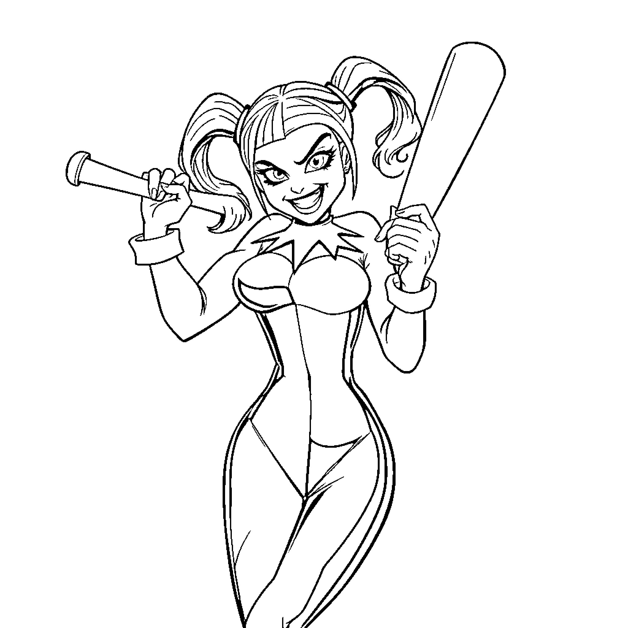 Harley Quinn wielding bats in playful pose Coloring Page (free black-and-white line drawing printable PDF for all, from beginners to advanced learners, including children, teens, adults, and seniors)