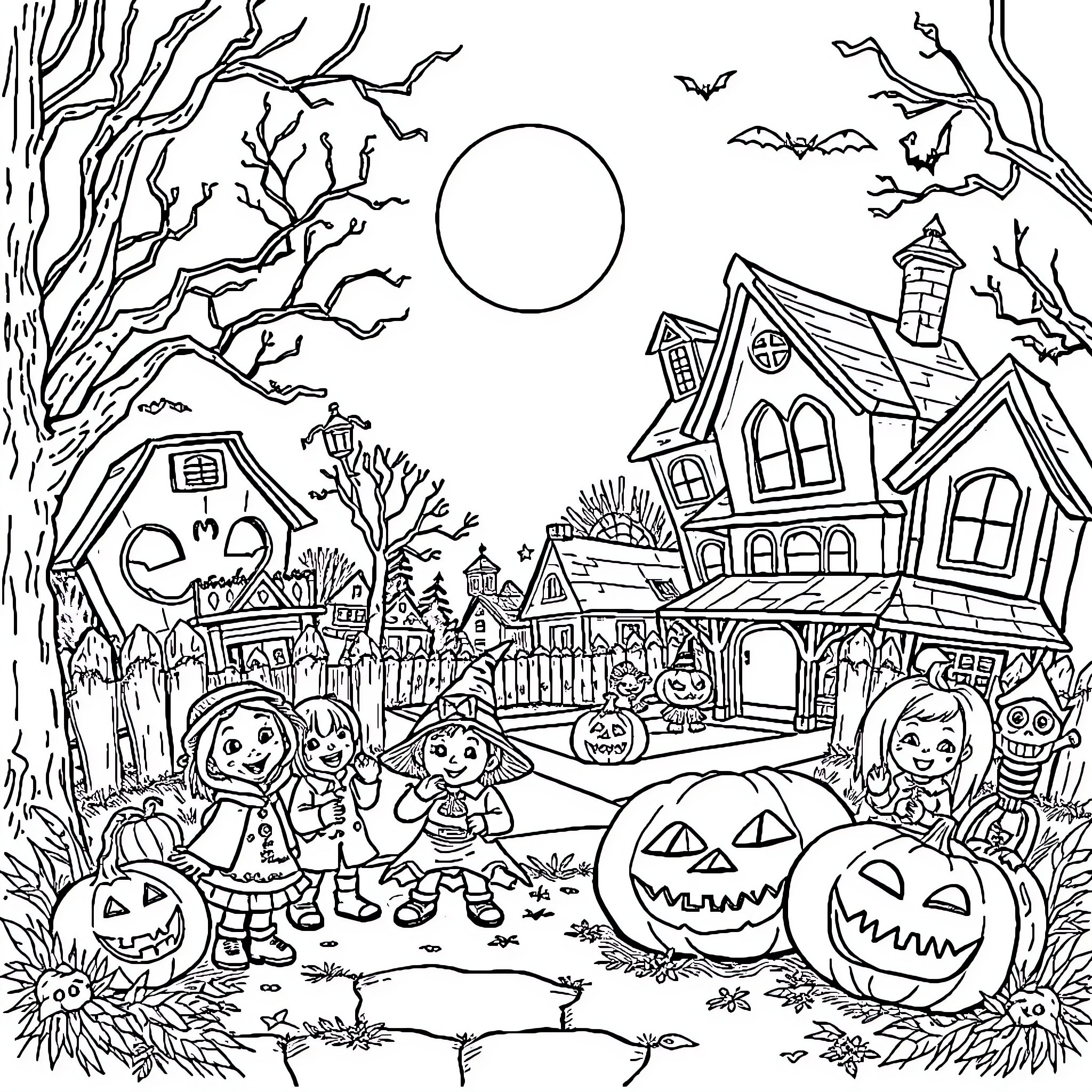 Halloween night in a spooky neighborhood Coloring Page (free black-and-white line drawing printable PDF for all, from beginners to advanced learners, including children, teens, adults, and seniors)