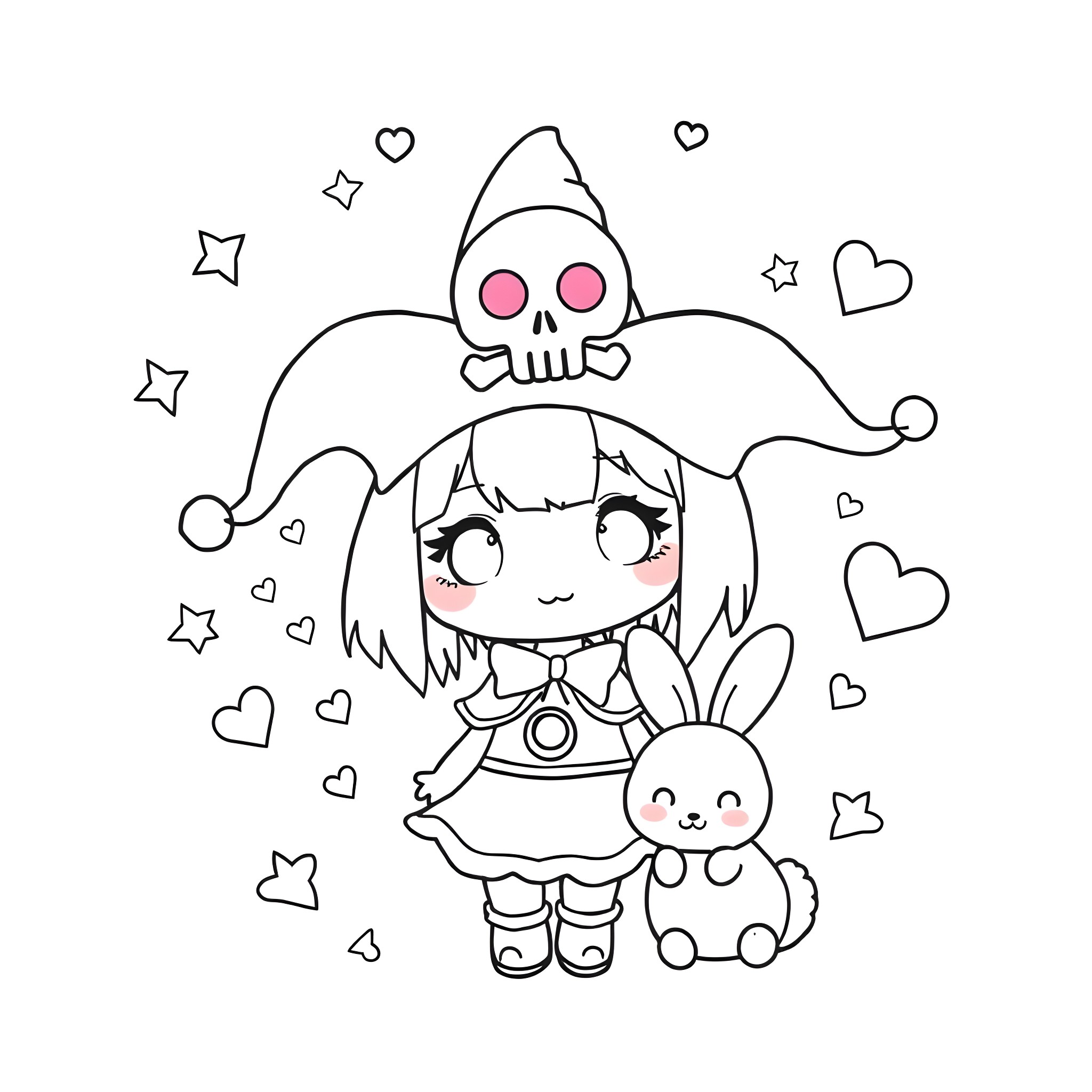Kuromi's Playful Antics with Bunny Friend Coloring Page (free black-and-white line drawing printable PDF for all, from beginners to advanced learners, including children, teens, adults, and seniors)