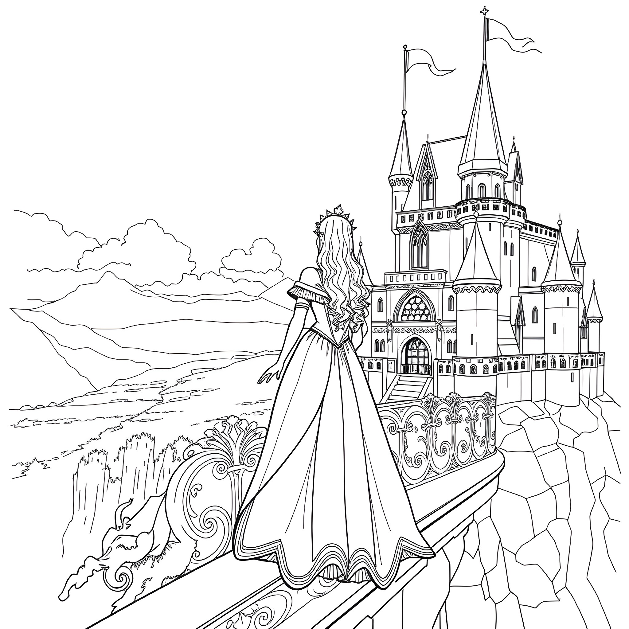 Princess in an ornate castle surrounded by nature Coloring Page (free black-and-white line drawing printable PDF for all, from beginners to advanced learners, including children, teens, adults, and seniors)