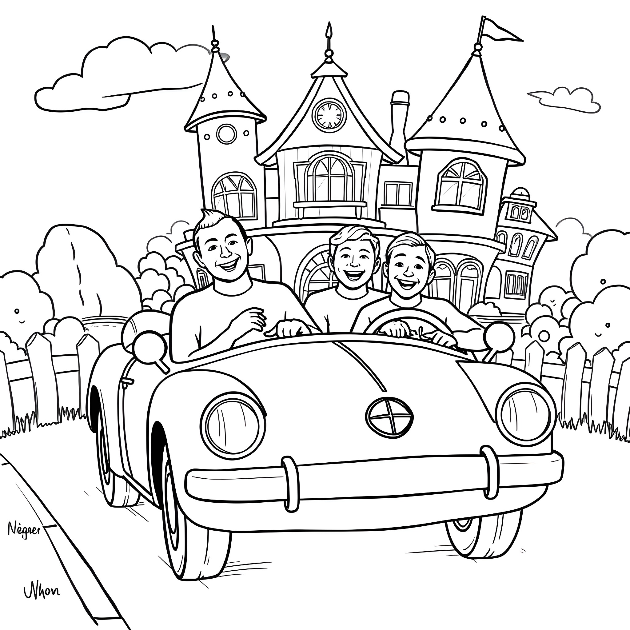 Wiggles in the Whimsical Town Coloring Page (free black-and-white line drawing printable PDF for all, from beginners to advanced learners, including children, teens, adults, and seniors)