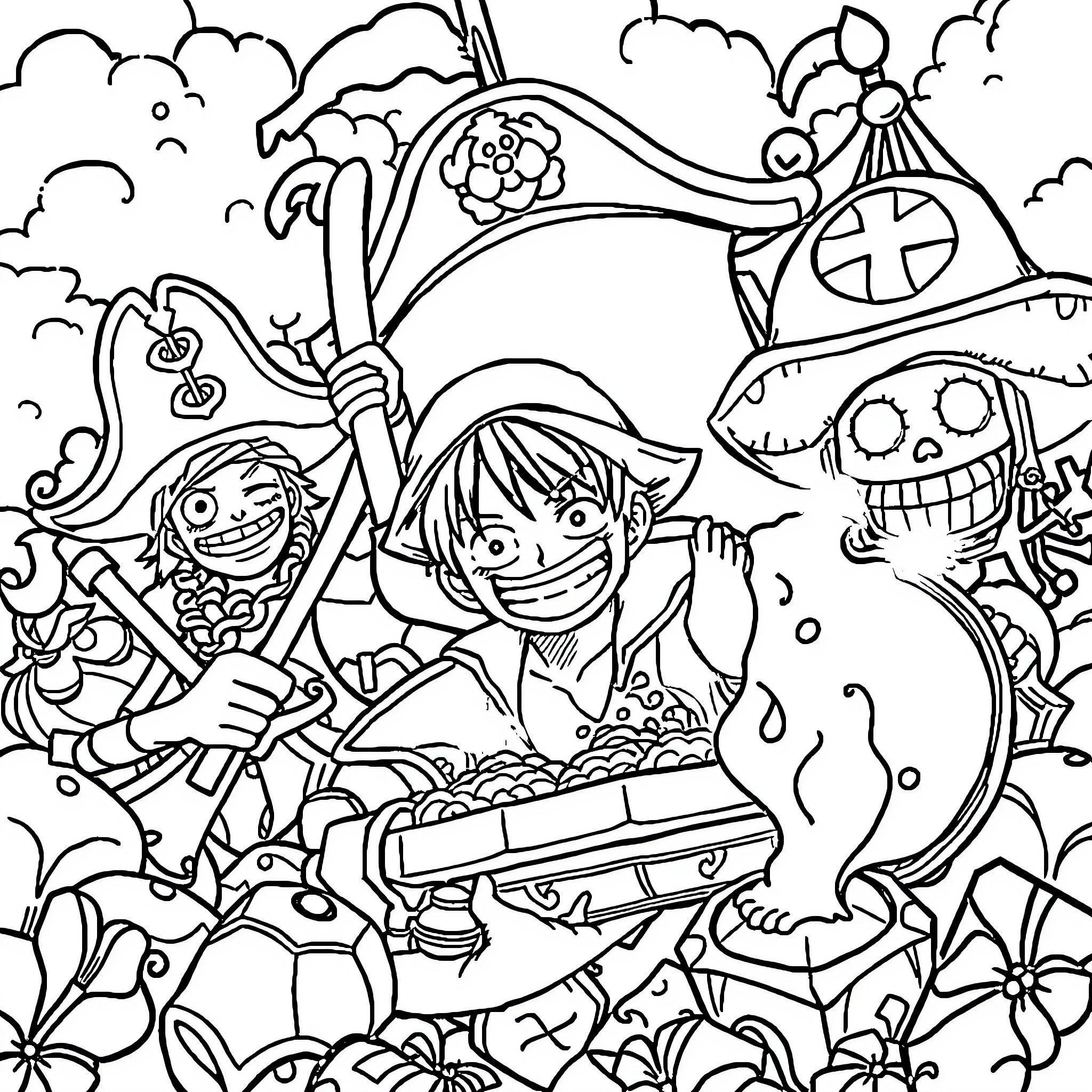 One Piece: Pirate Crew's Whimsical Adventure Coloring Page (free black-and-white line drawing printable PDF for all, from beginners to advanced learners, including children, teens, adults, and seniors)