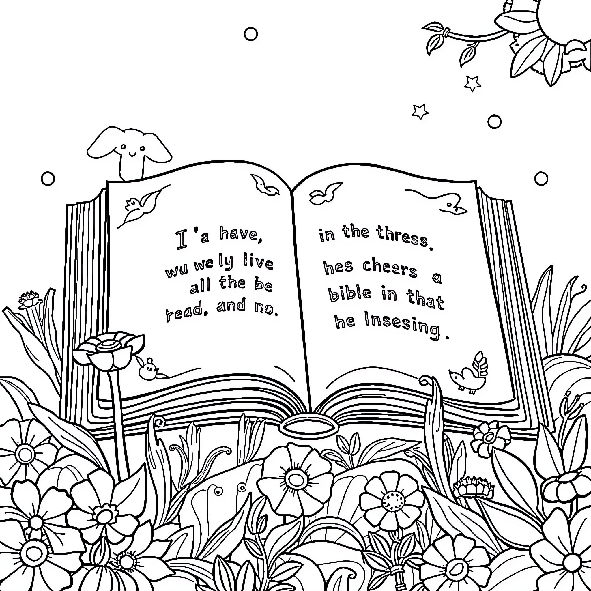 Bible Verse with Floral Imagery and Open Book Coloring Page (free black-and-white line drawing printable PDF for all, from beginners to advanced learners, including children, teens, adults, and seniors)