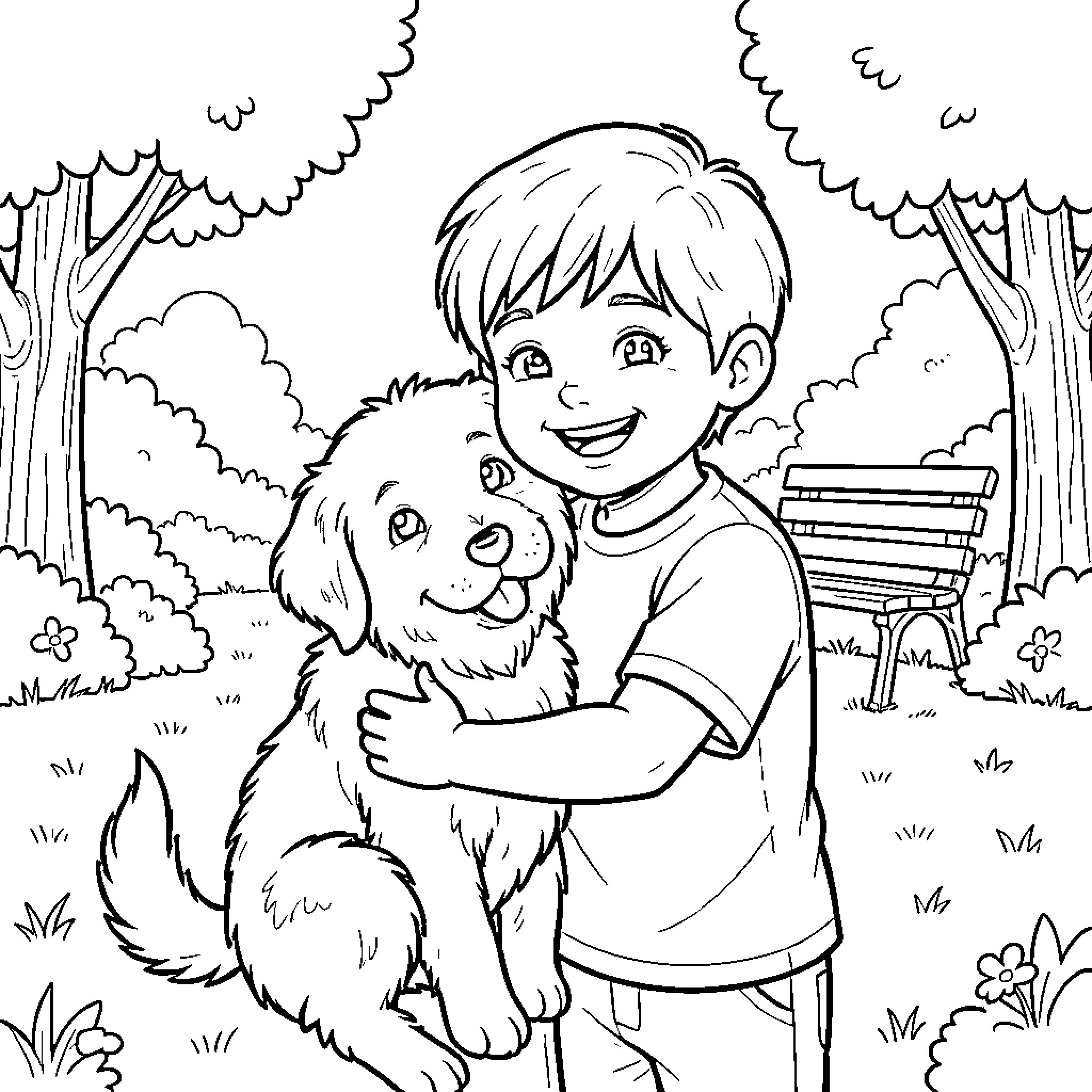 Child hugging a happy dog in the park Coloring Page (free black-and-white line drawing printable PDF for all, from beginners to advanced learners, including children, teens, adults, and seniors)