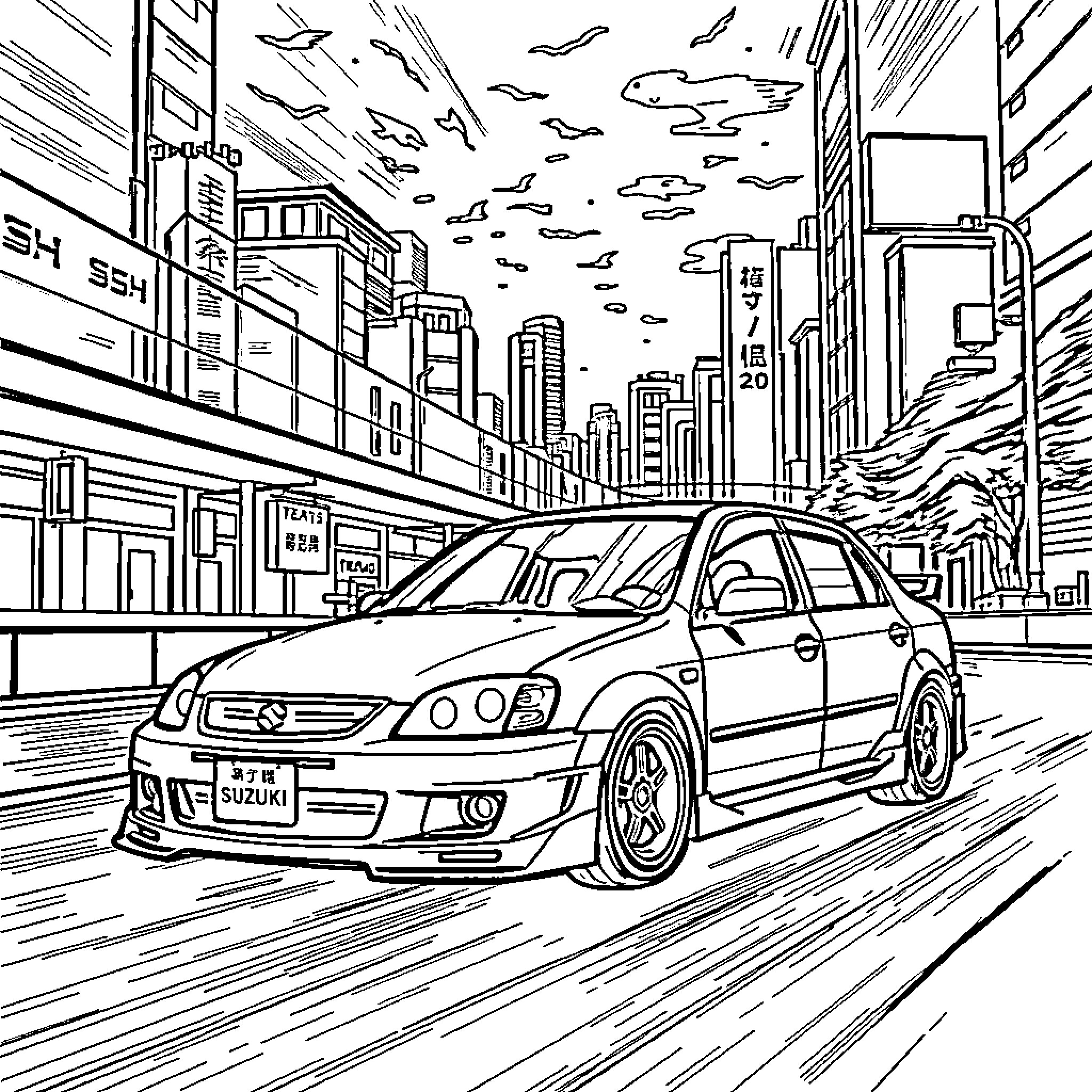 Suzuki Kei car speeding through the city streets Coloring Page (free black-and-white line drawing printable PDF for all, from beginners to advanced learners, including children, teens, adults, and seniors)