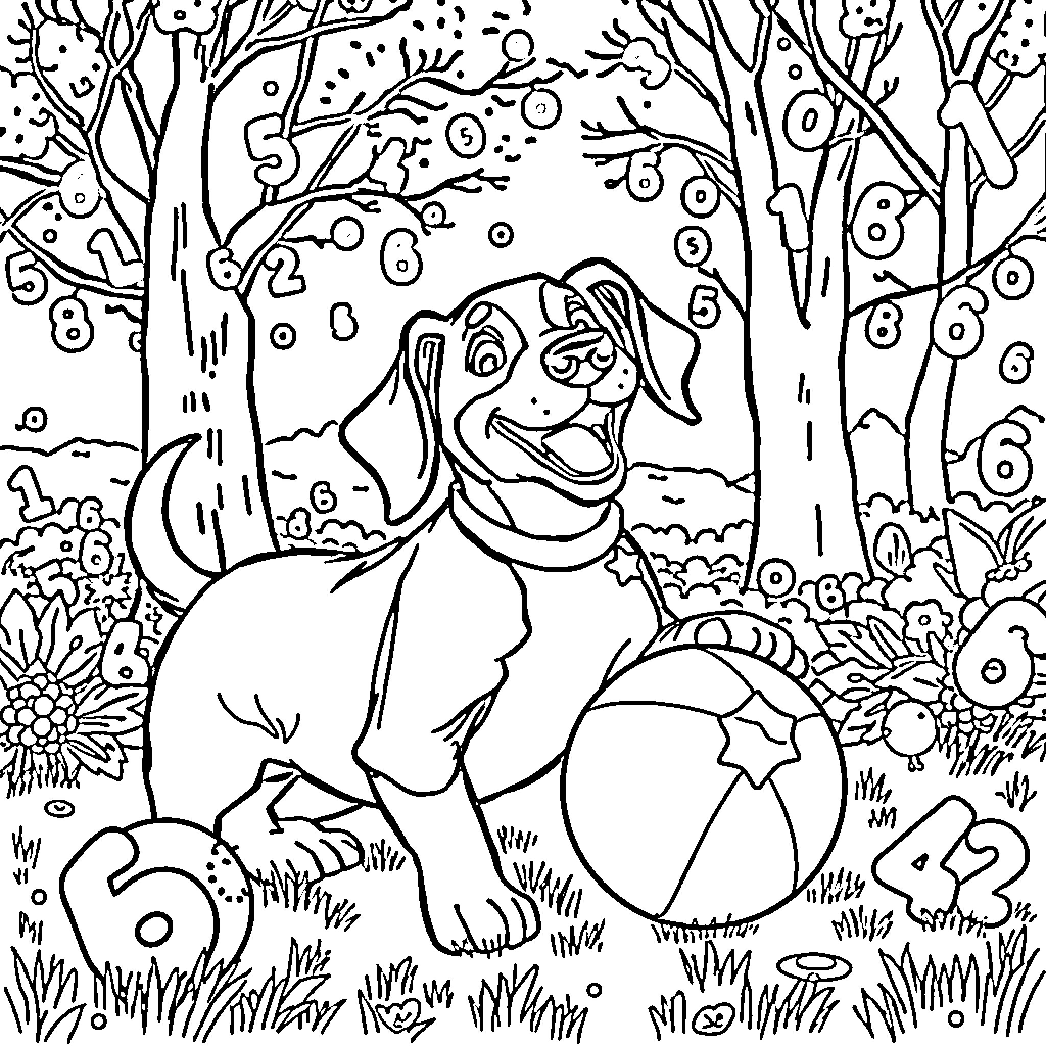 Sausage Dog Relaxing in Whimsical Forest Coloring Page (free black-and-white line drawing printable PDF for all, from beginners to advanced learners, including children, teens, adults, and seniors)