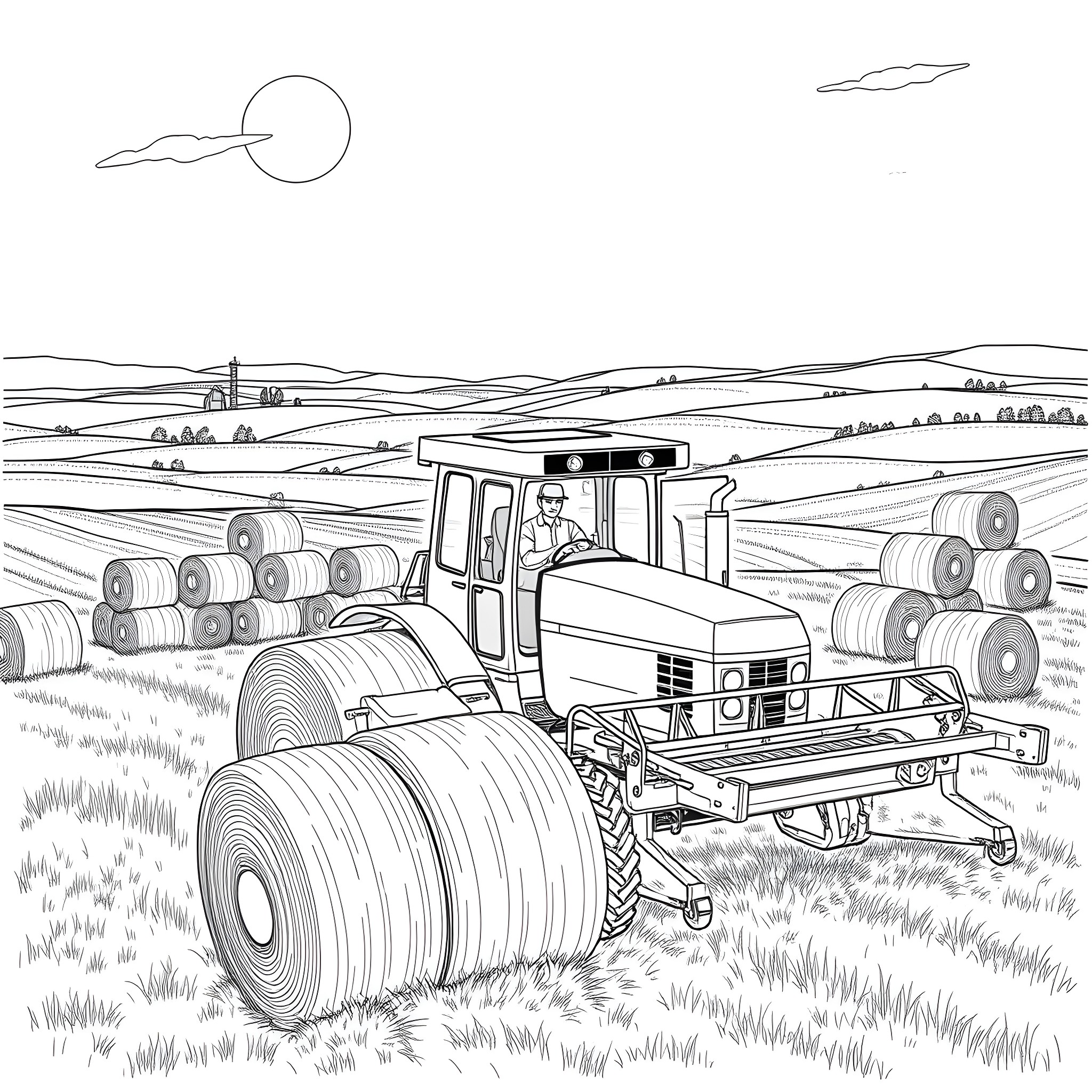 Bale moving through the countryside Coloring Page (free black-and-white line drawing printable PDF for all, from beginners to advanced learners, including children, teens, adults, and seniors)