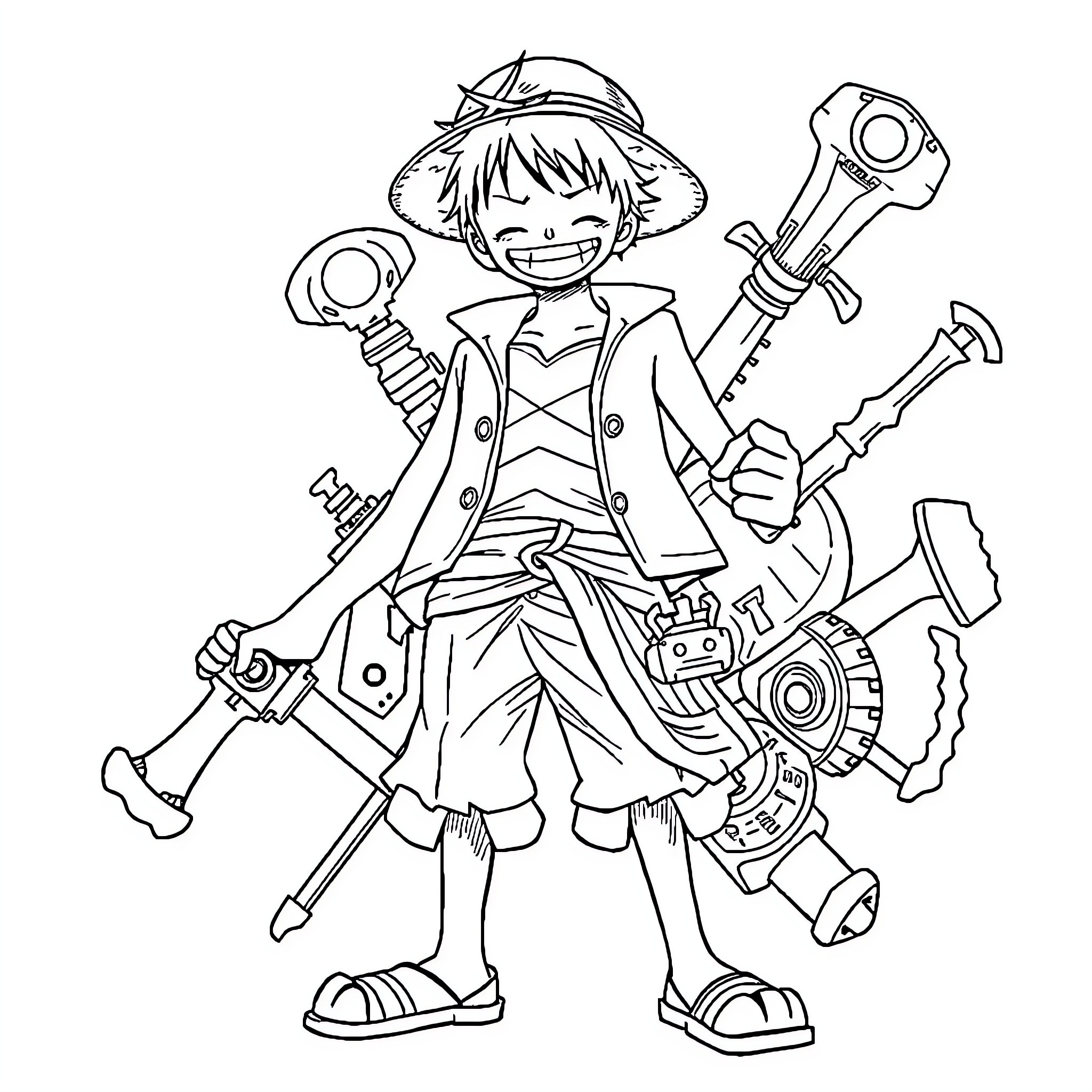 Luffy's Adventurous Gear Collection Coloring Page (free black-and-white line drawing printable PDF for all, from beginners to advanced learners, including children, teens, adults, and seniors)