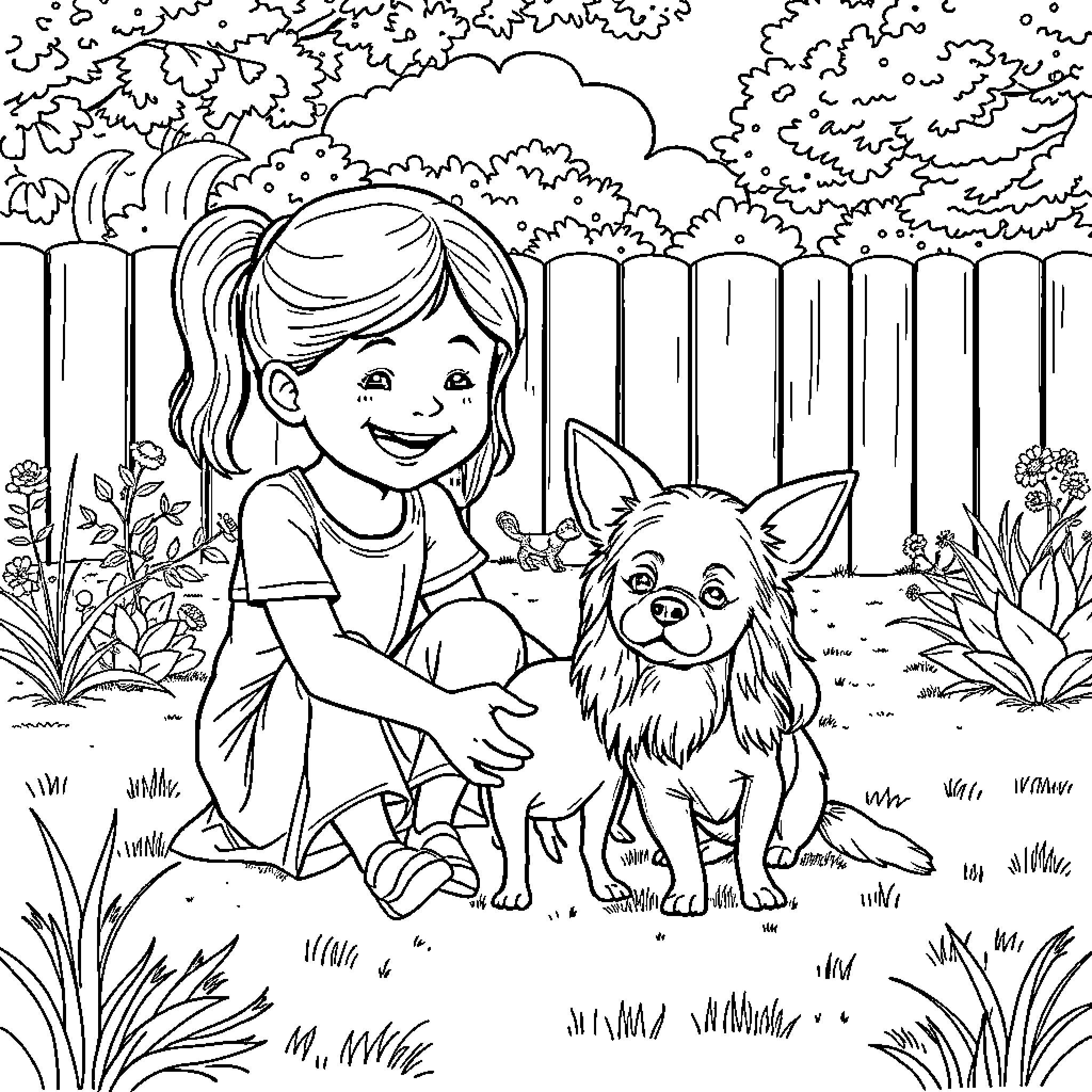 Chihuahua enjoying outdoor playtime with child Coloring Page (free black-and-white line drawing printable PDF for all, from beginners to advanced learners, including children, teens, adults, and seniors)