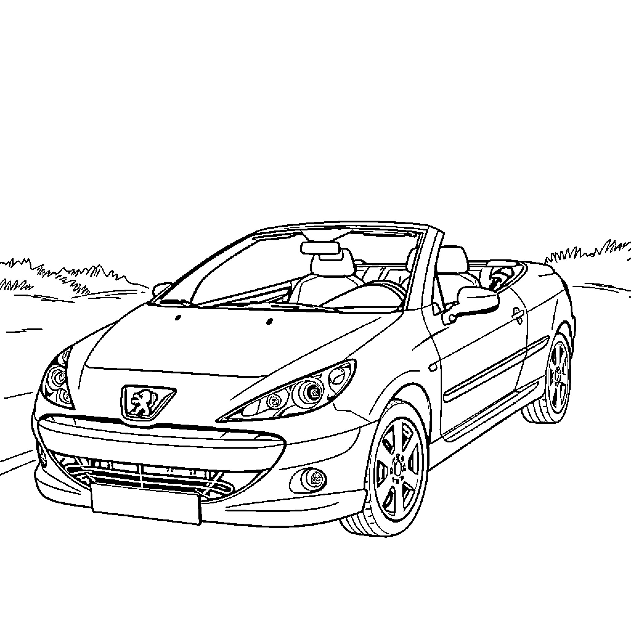 Peugeot convertible car in outdoor setting Coloring Page (free black-and-white line drawing printable PDF for all, from beginners to advanced learners, including children, teens, adults, and seniors)