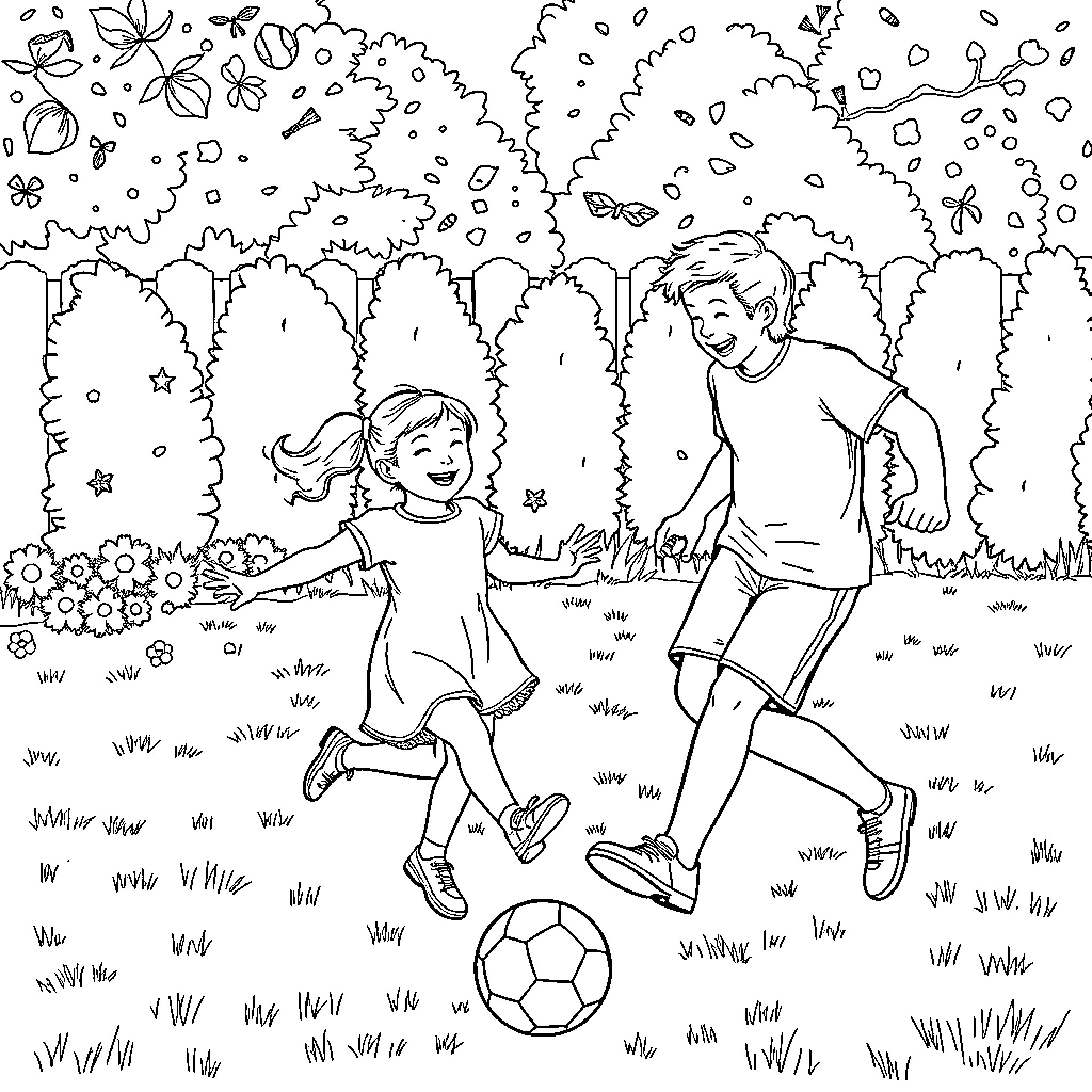 Soccer players enjoying the outdoors Coloring Page (free black-and-white line drawing printable PDF for all, from beginners to advanced learners, including children, teens, adults, and seniors)