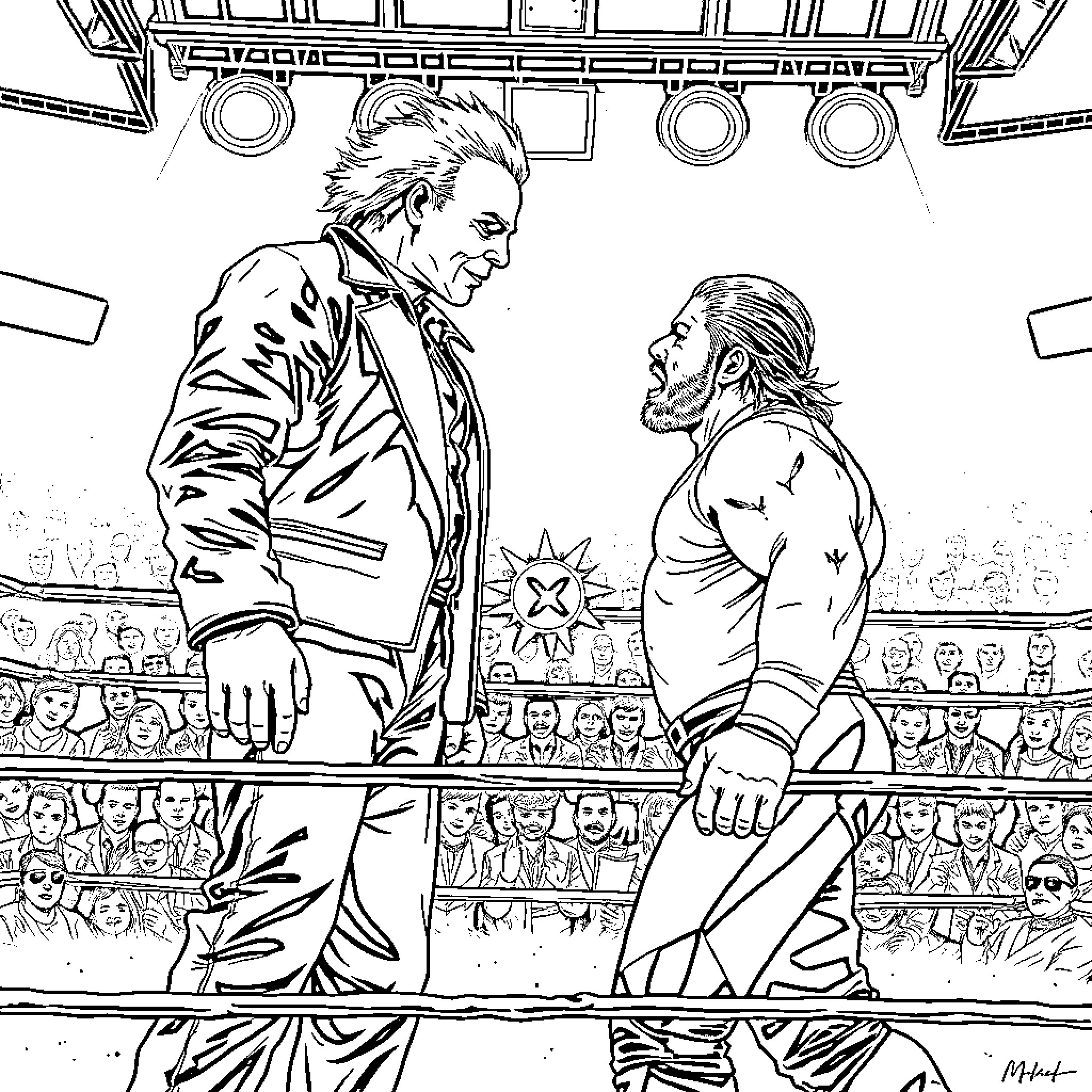 Michael Myers Confronts The Wrestling Champion Coloring Page (free black-and-white line drawing printable PDF for all, from beginners to advanced learners, including children, teens, adults, and seniors)