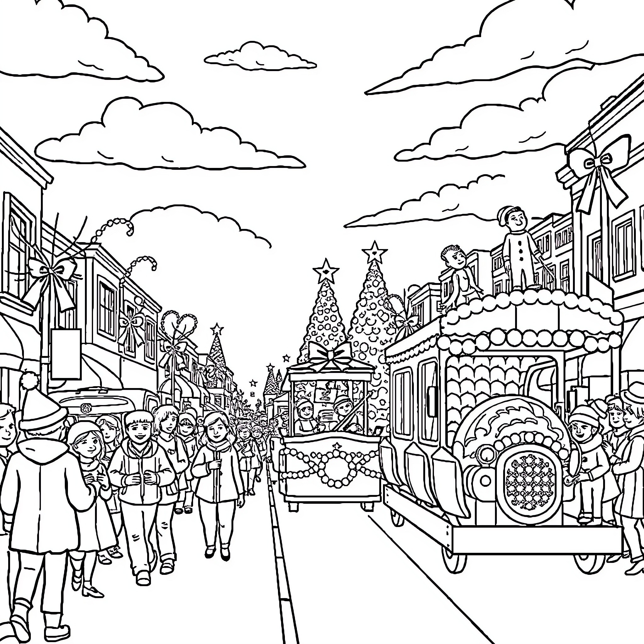 Christmas Celebration in the Festive Town Coloring Page (free black-and-white line drawing printable PDF for all, from beginners to advanced learners, including children, teens, adults, and seniors)