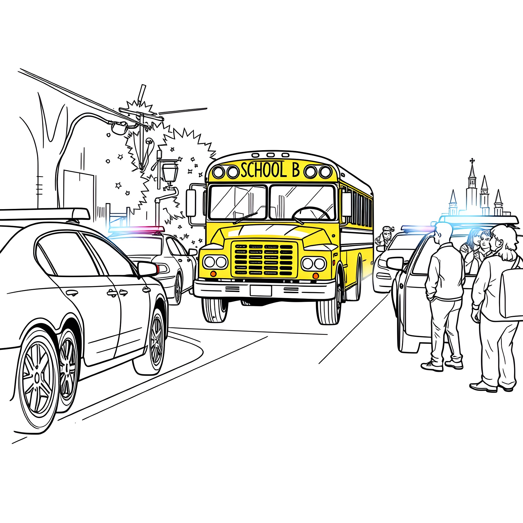 Bus Transporting Students to School in Urban Setting Coloring Page (free black-and-white line drawing printable PDF for all, from beginners to advanced learners, including children, teens, adults, and seniors)