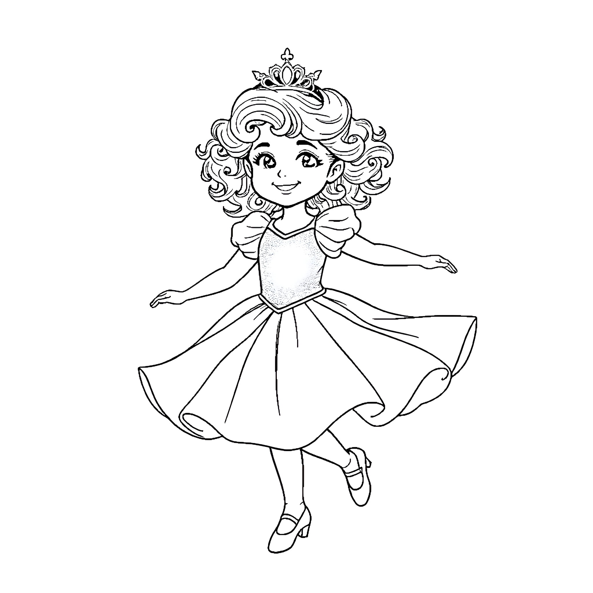 Girl in a Whimsical Dress Dancing with Joy Coloring Page (free black-and-white line drawing printable PDF for all, from beginners to advanced learners, including children, teens, adults, and seniors)