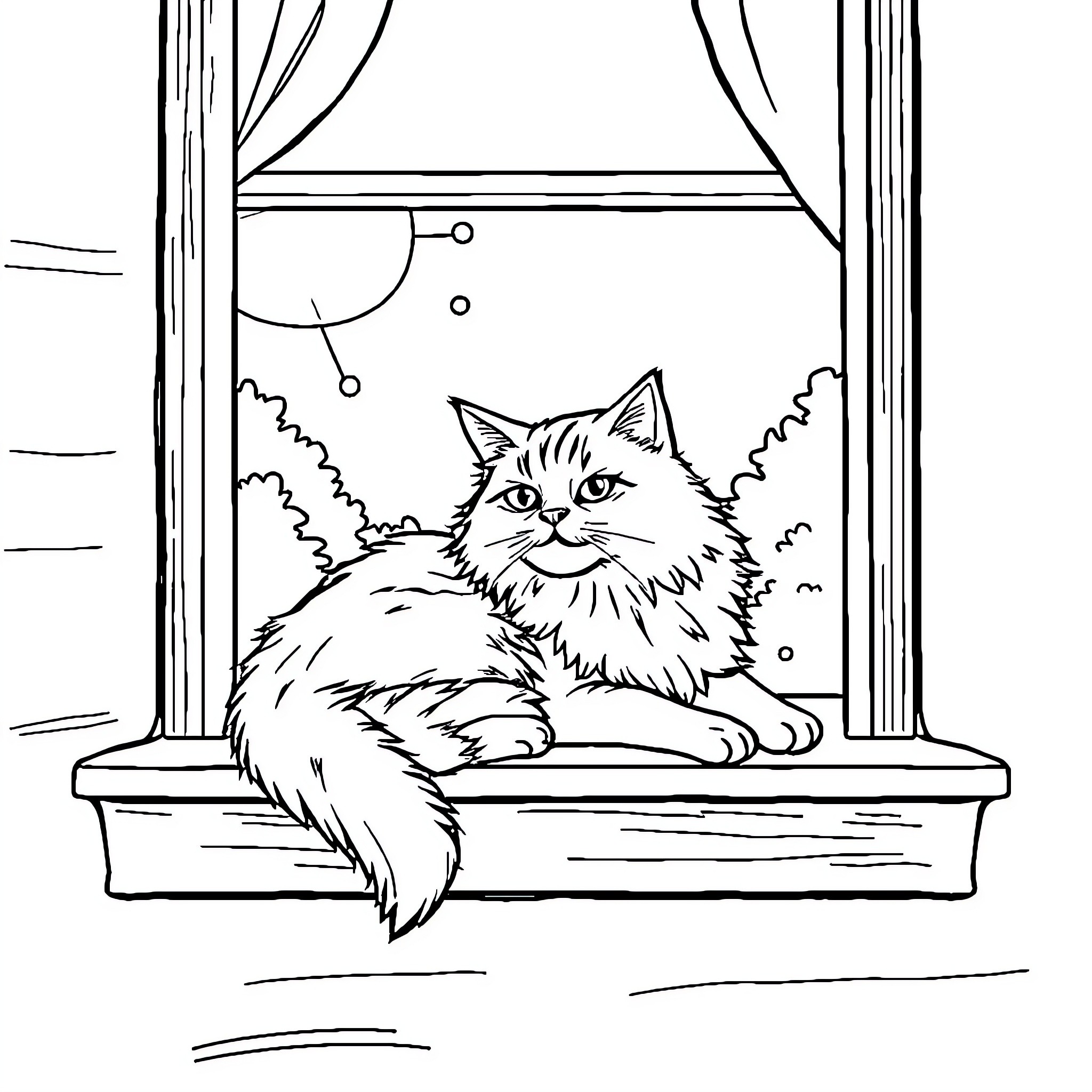 Cat resting peacefully by the window Coloring Page (free black-and-white line drawing printable PDF for all, from beginners to advanced learners, including children, teens, adults, and seniors)