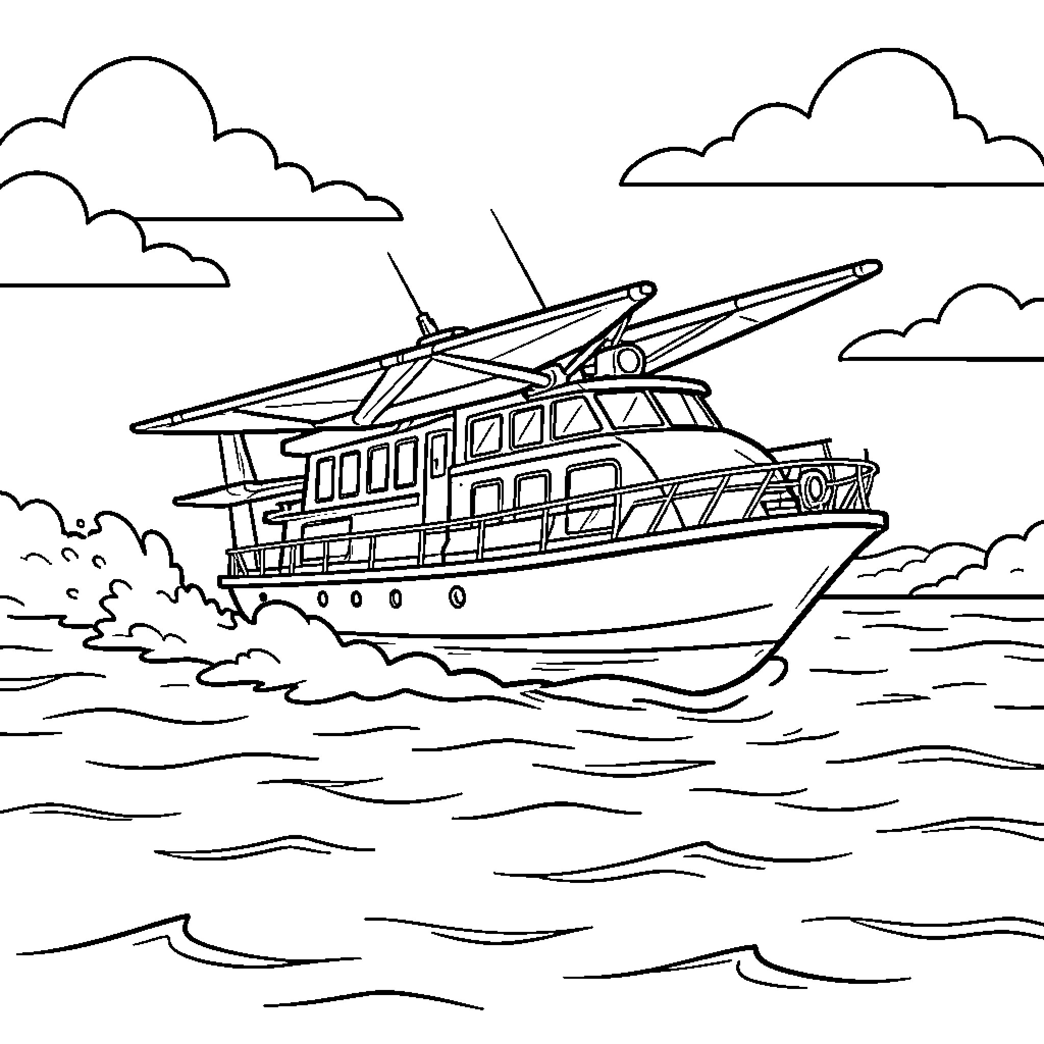Flying Boat cruising through ocean waves under clouds Coloring Page (free black-and-white line drawing printable PDF for all, from beginners to advanced learners, including children, teens, adults, and seniors)