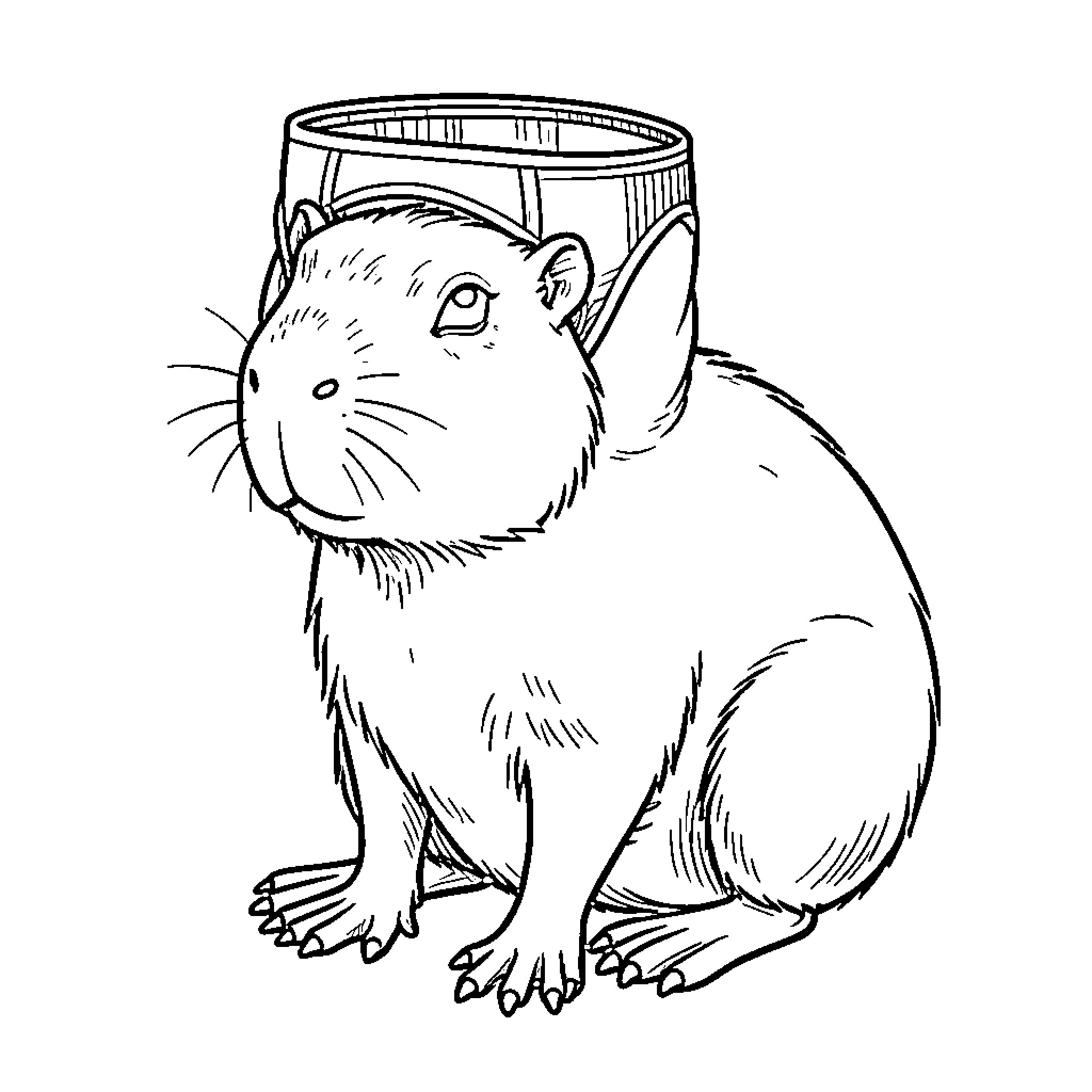 Capybara wearing a small bucket on its head Coloring Page (free black-and-white line drawing printable PDF for all, from beginners to advanced learners, including children, teens, adults, and seniors)