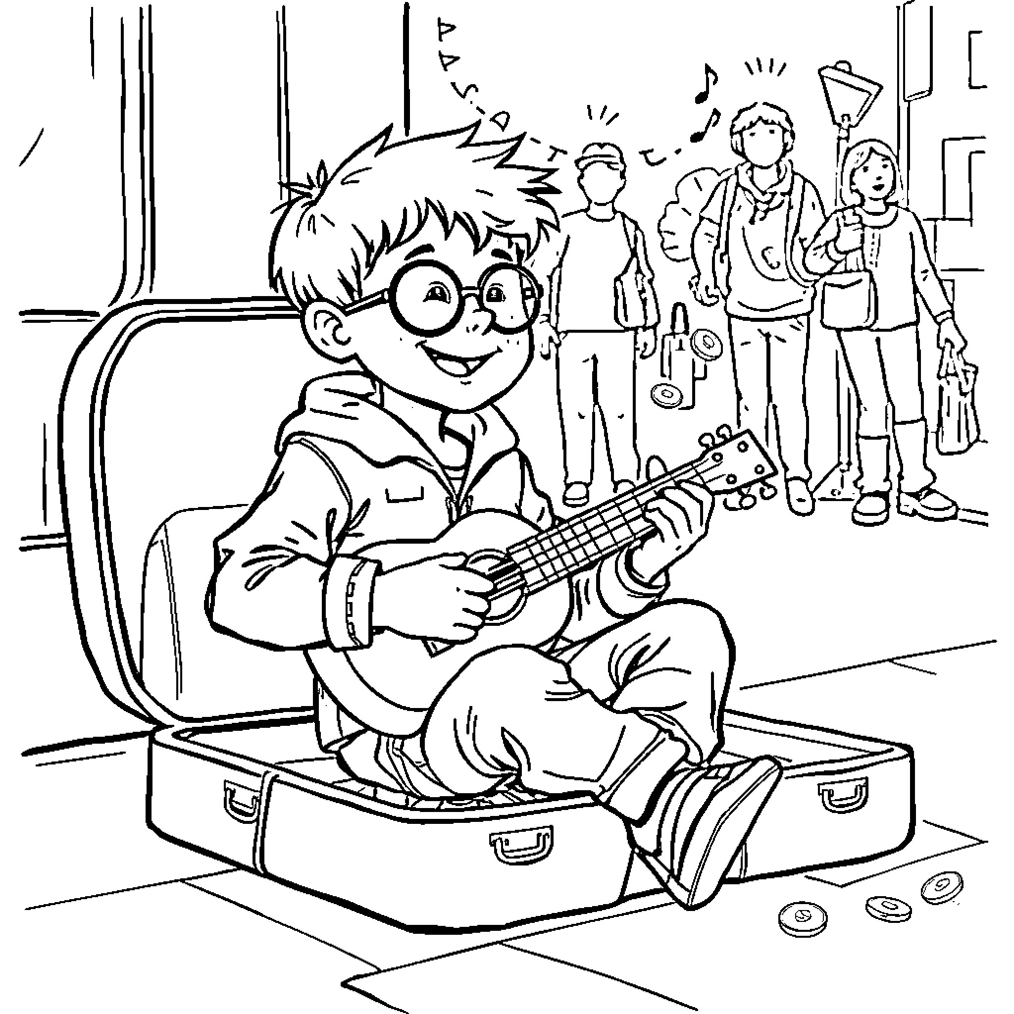 Boy playing guitar in a crowded scene Coloring Page (free black-and-white line drawing printable PDF for all, from beginners to advanced learners, including children, teens, adults, and seniors)