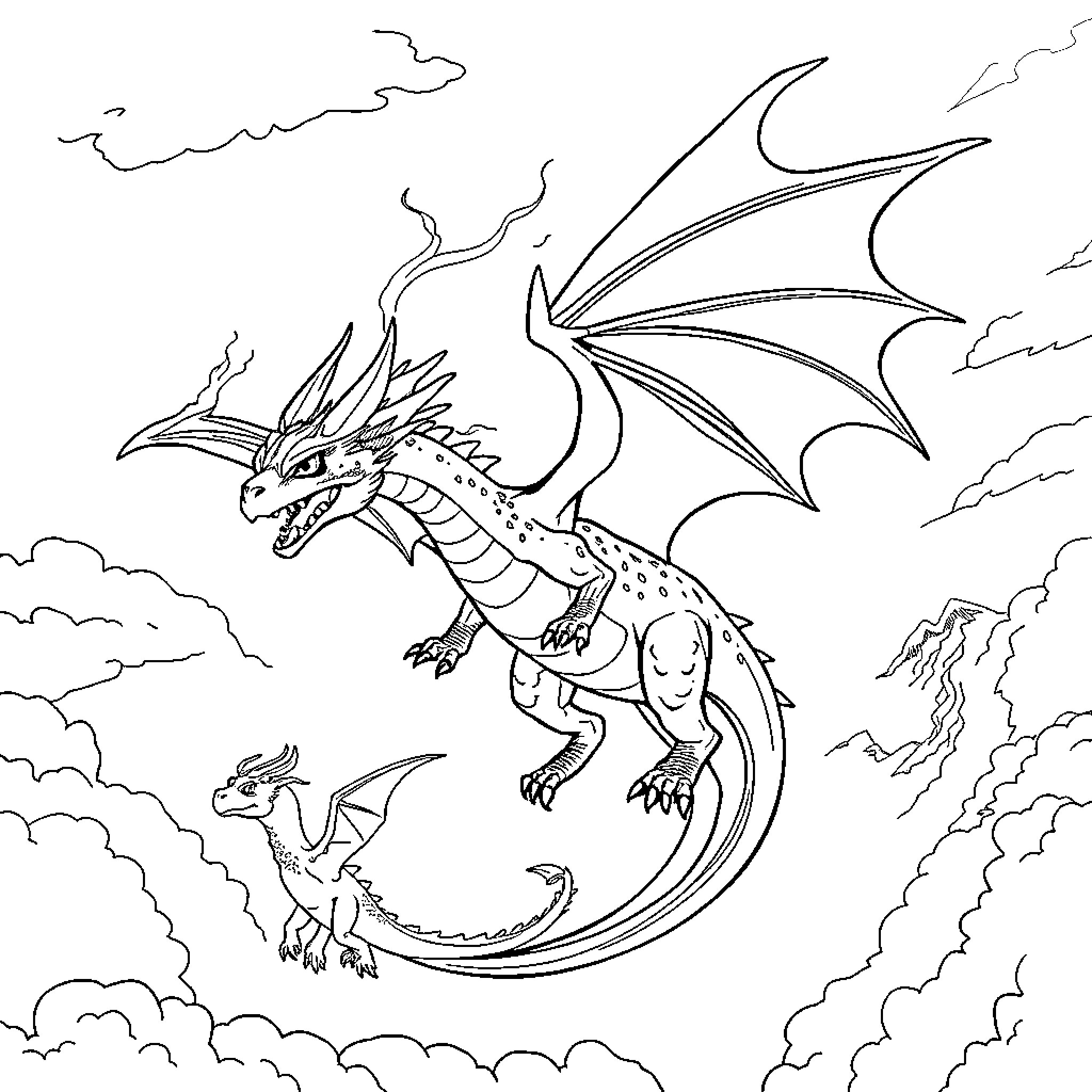 Dragon soaring amidst thunderous clouds Coloring Page (free black-and-white line drawing printable PDF for all, from beginners to advanced learners, including children, teens, adults, and seniors)