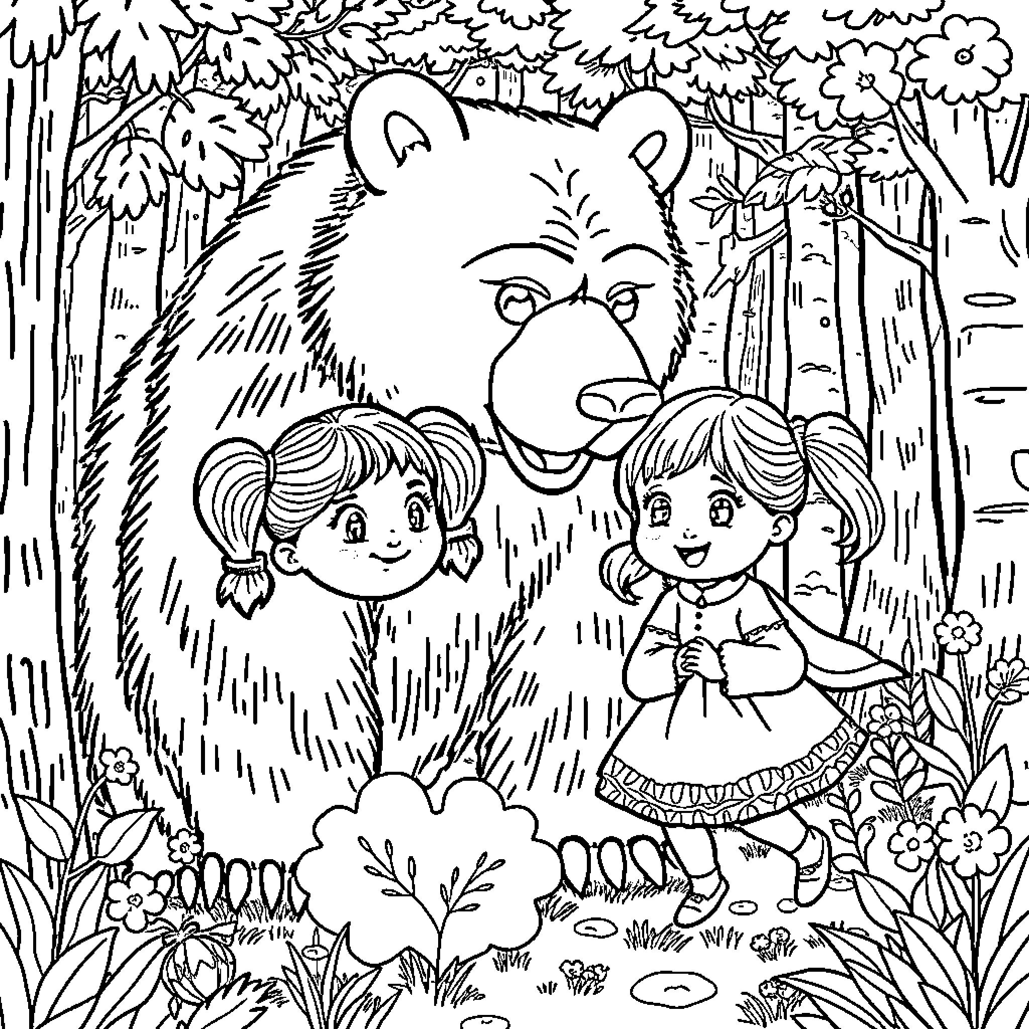 Masha and Mishka enjoying the forest scenery Coloring Page (free black-and-white line drawing printable PDF for all, from beginners to advanced learners, including children, teens, adults, and seniors)