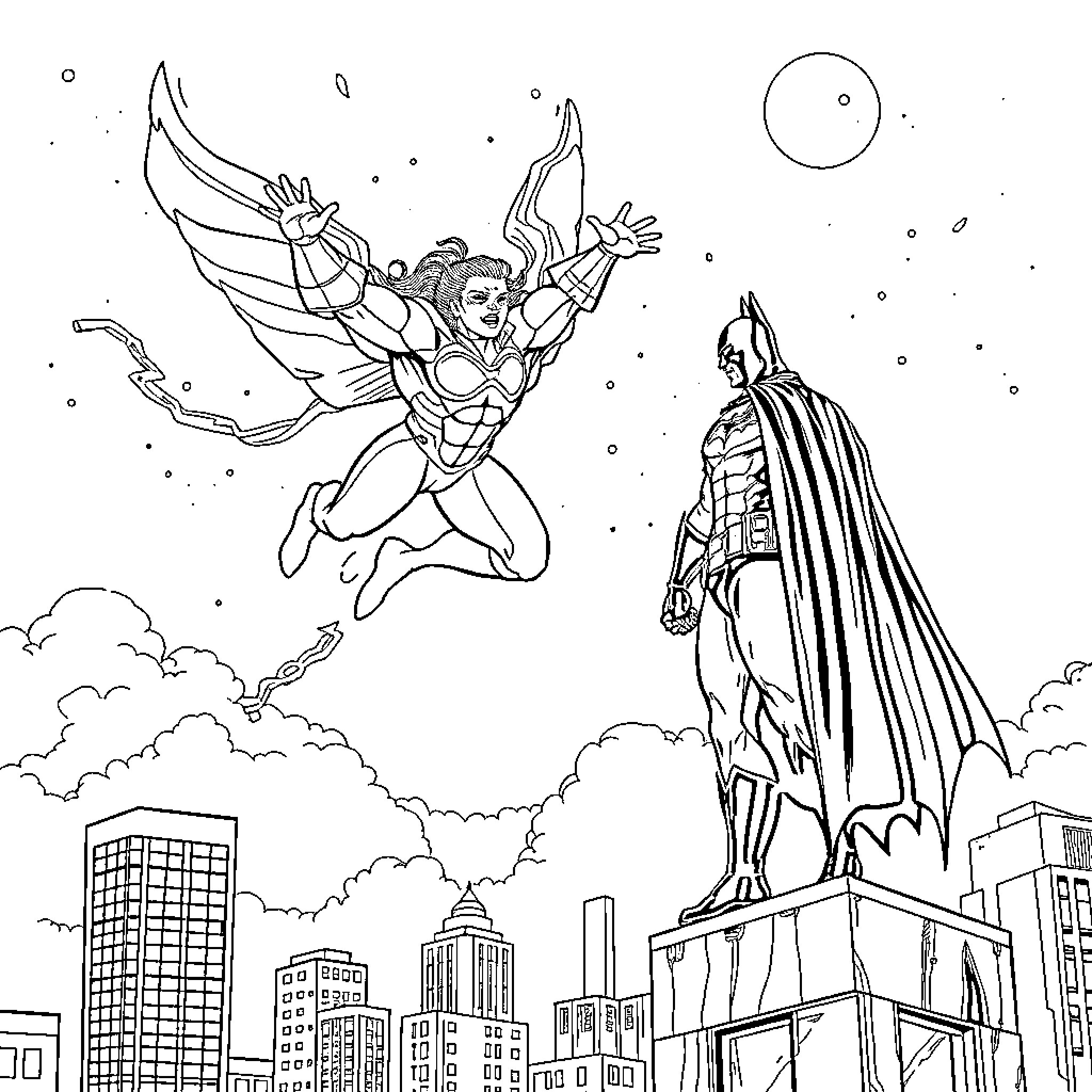 Hanuman soaring heroically above the city skyline Coloring Page (free black-and-white line drawing printable PDF for all, from beginners to advanced learners, including children, teens, adults, and seniors)