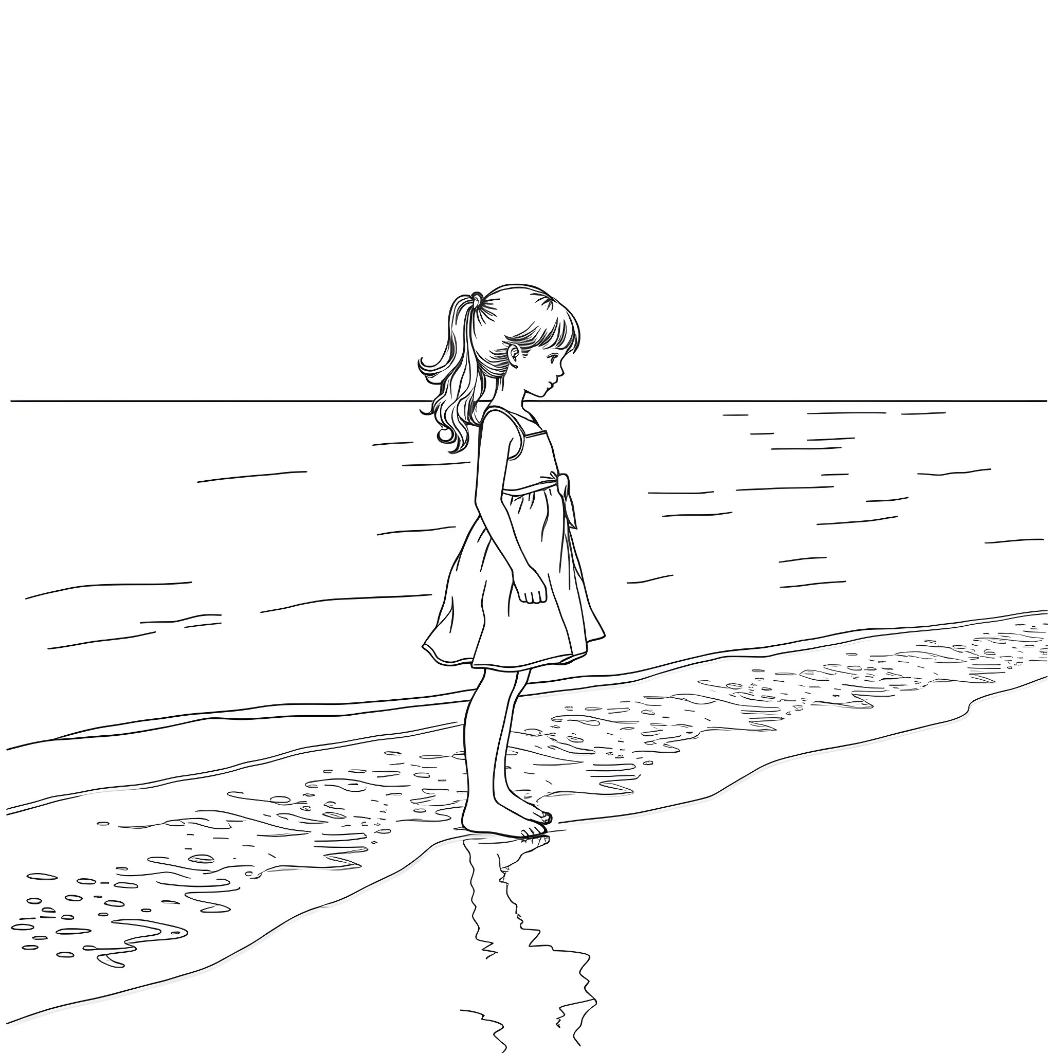 Girl walking alone on the beach Coloring Page (free black-and-white line drawing printable PDF for all, from beginners to advanced learners, including children, teens, adults, and seniors)
