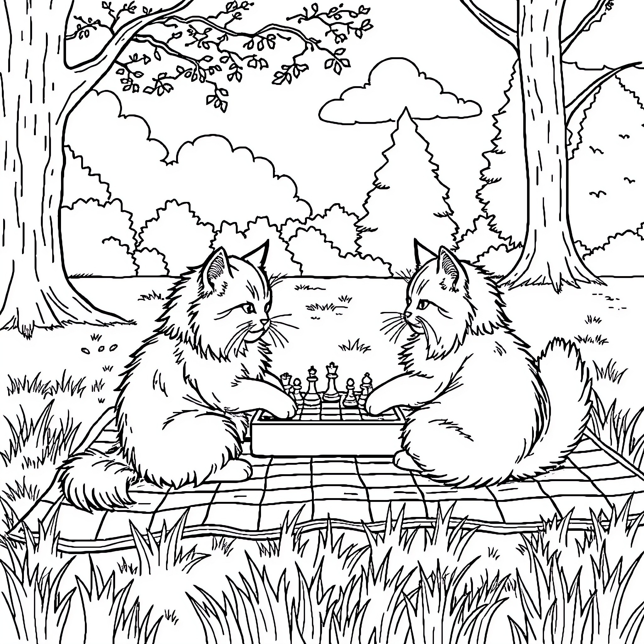 Cats playing chess in a forest clearing Coloring Page (free black-and-white line drawing printable PDF for all, from beginners to advanced learners, including children, teens, adults, and seniors)