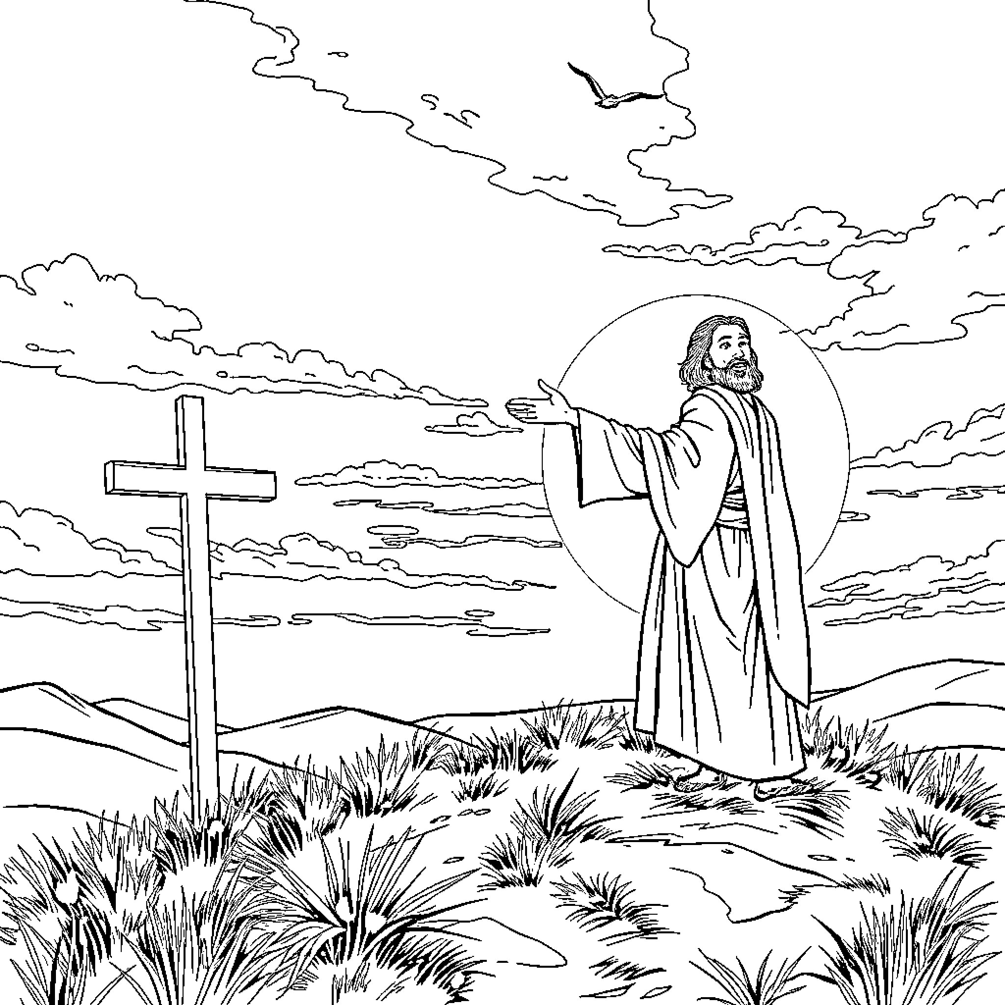 Jesus with Cross in the Wilderness Coloring Page (free black-and-white line drawing printable PDF for all, from beginners to advanced learners, including children, teens, adults, and seniors)