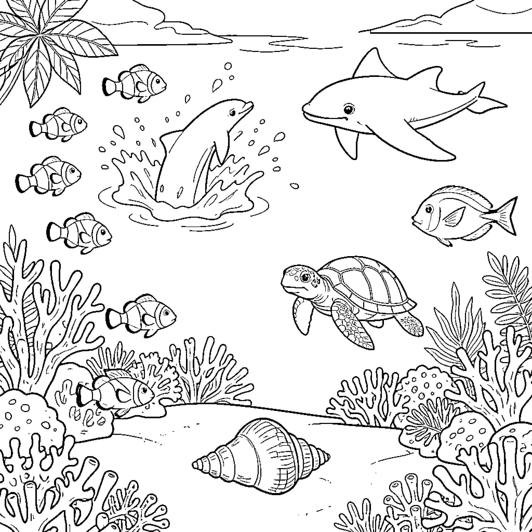 Ocean Animal Underwater Scene with Marine Life Coloring Page (free black-and-white line drawing printable PDF for all, from beginners to advanced learners, including children, teens, adults, and seniors)