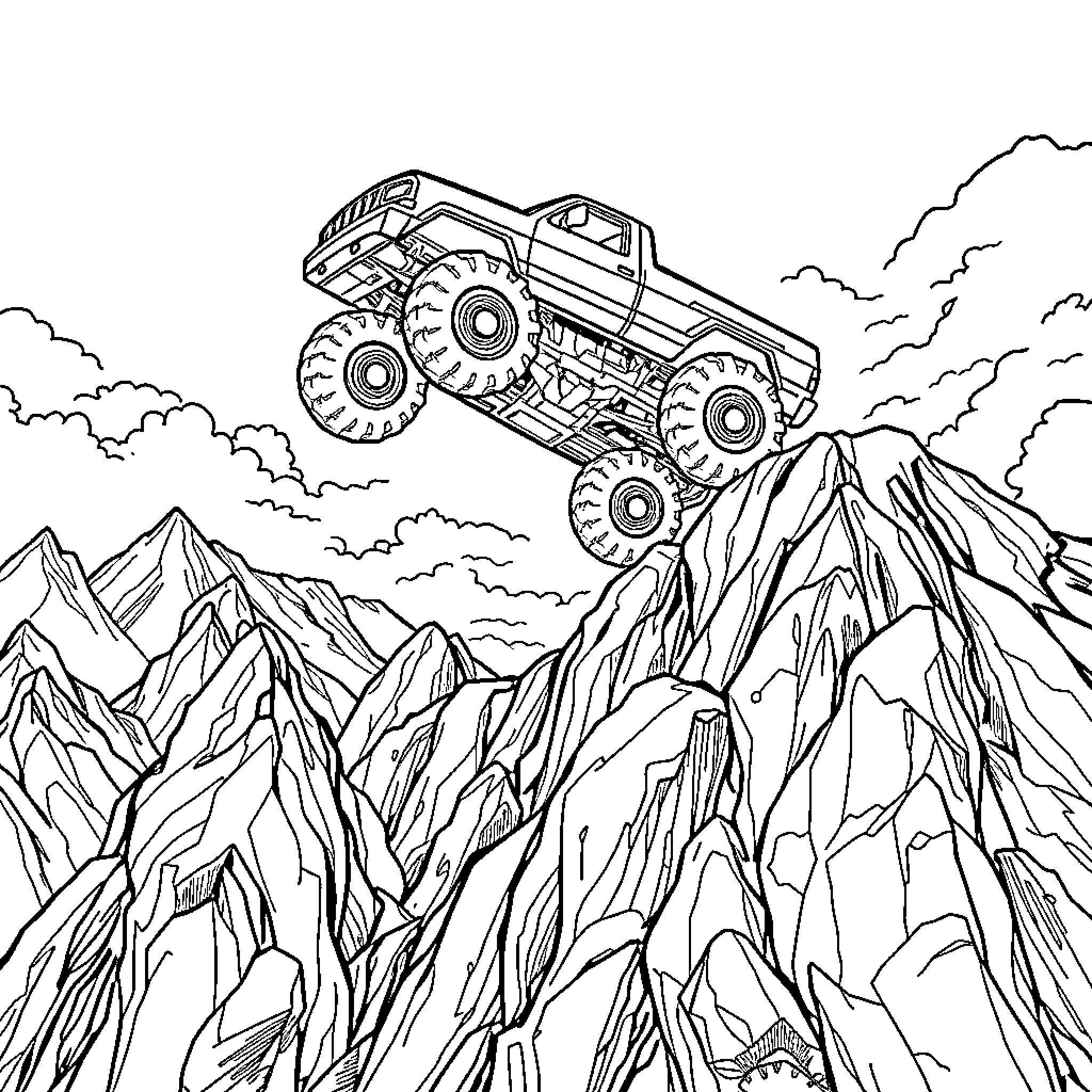Monster Truck Climbing Over Rugged Mountainous Terrain Coloring Page (free black-and-white line drawing printable PDF for all, from beginners to advanced learners, including children, teens, adults, and seniors)