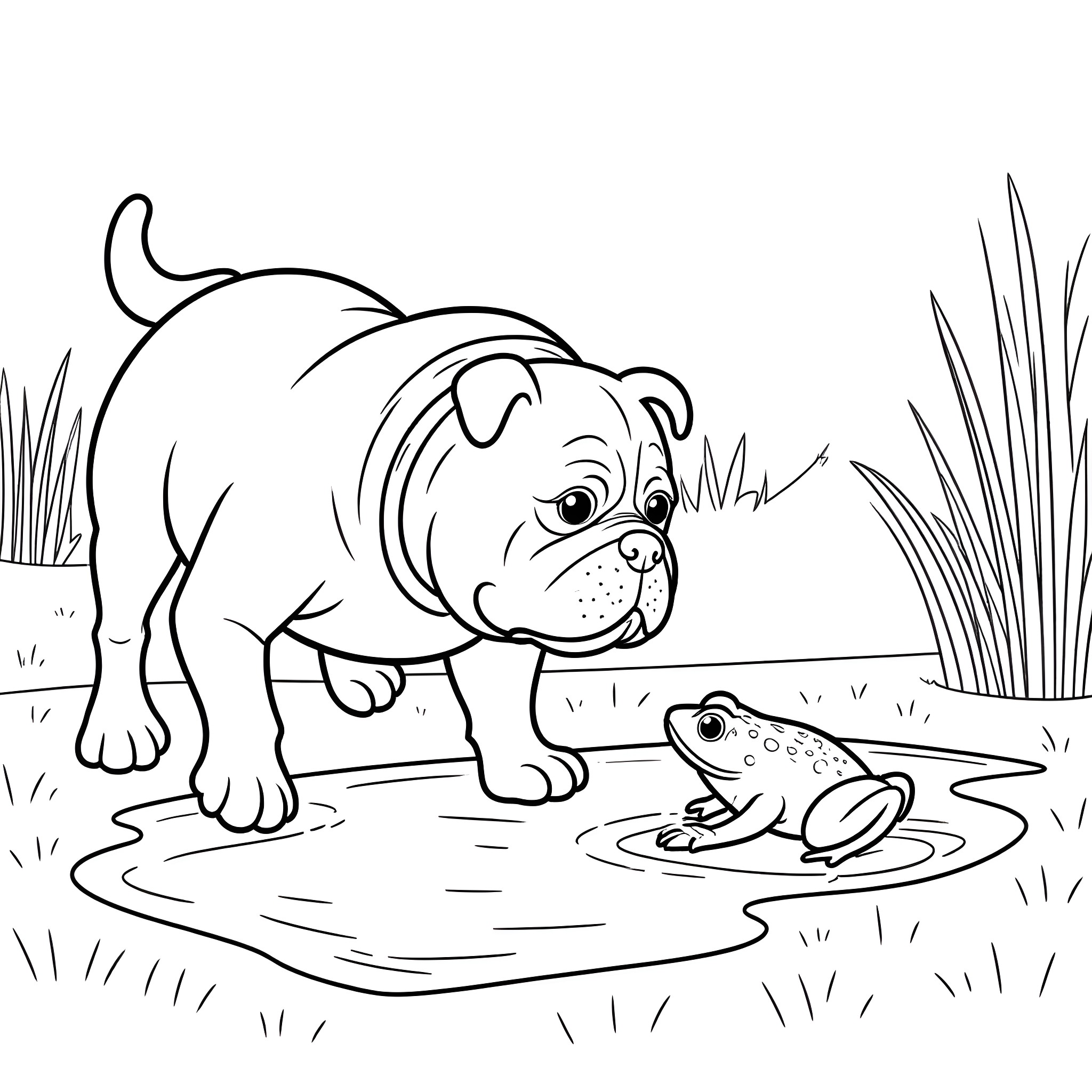 Bulldog cautiously approaching a frog in the pond Coloring Page (free black-and-white line drawing printable PDF for all, from beginners to advanced learners, including children, teens, adults, and seniors)